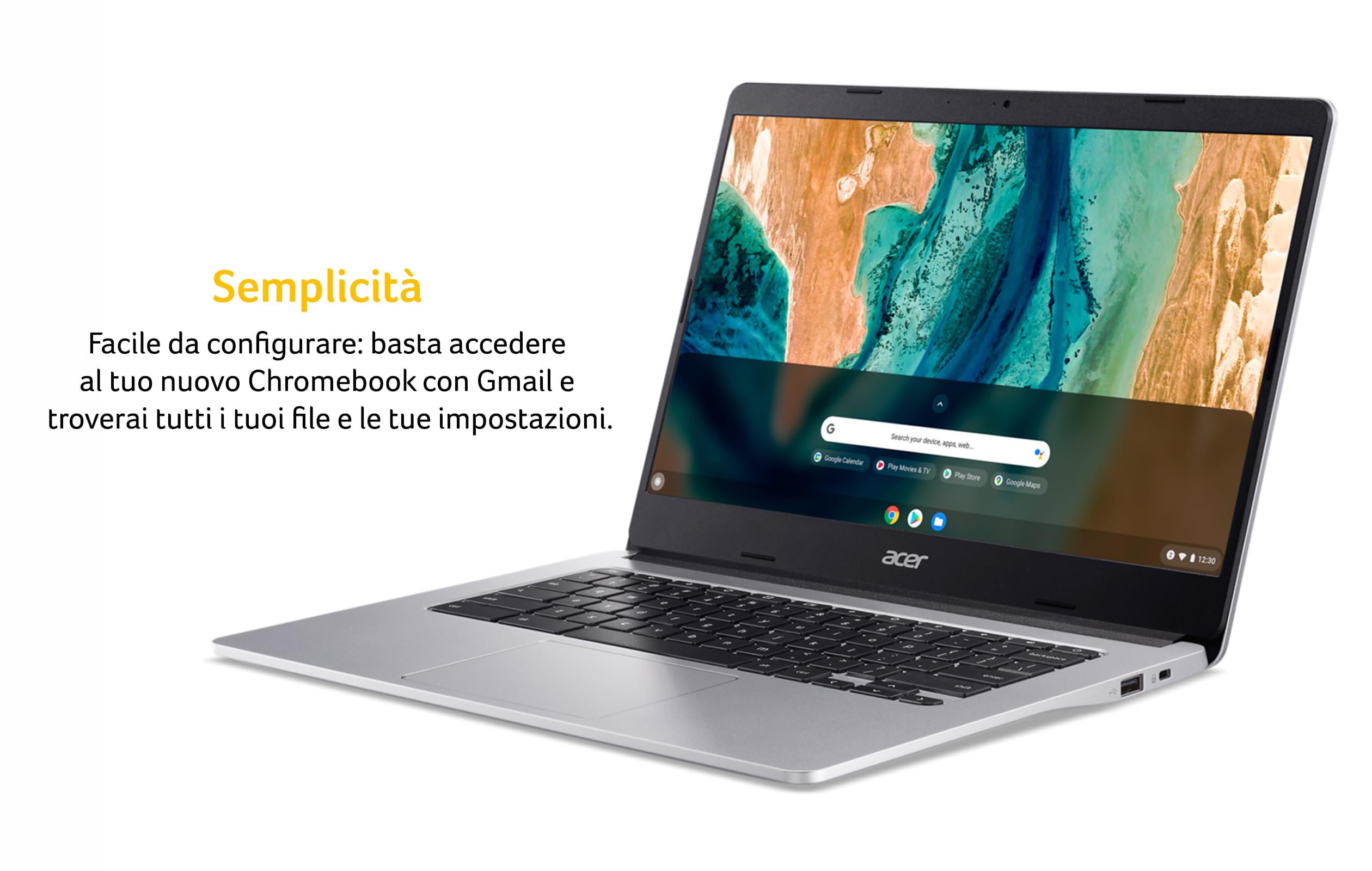 Acer Chromebook 314 CB314-2H-K227 Notebook, Pc Portatile con Processore MediaTek M8183, Ram 4 GB DDR4, eMMC 64 GB, Display 14" FHD LED LCD, Scheda Grafica Mali-G72 MP3, ChromeOS, Silver