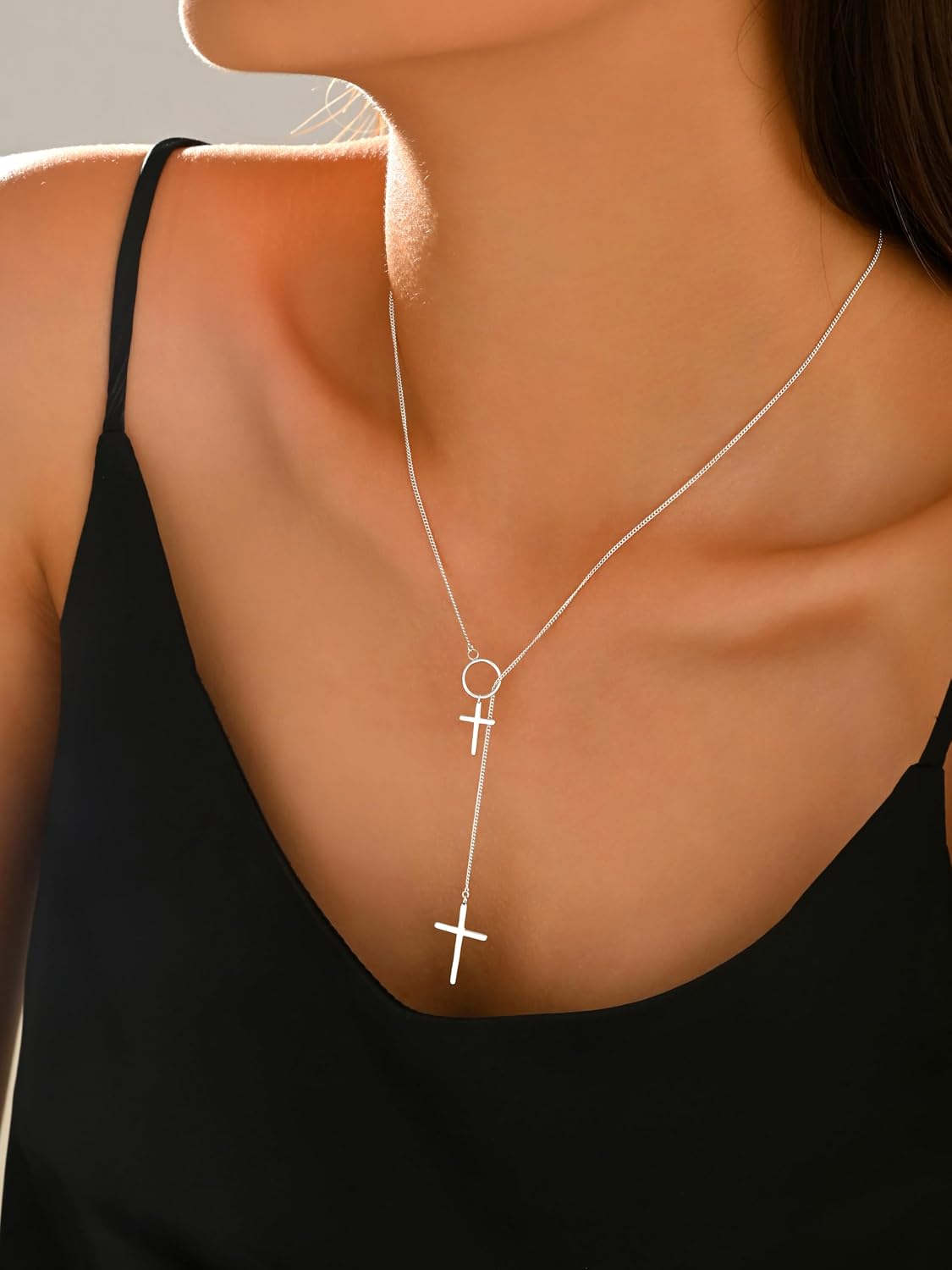 Double Cross Necklace for Women 925 Sterling Silver Y Drop Lariat Necklace 14K Gold Plated Minimalist Circle Necklace Faith Jesus Crucifix Necklace Christian Religious Jewelry Confirmation Gifts