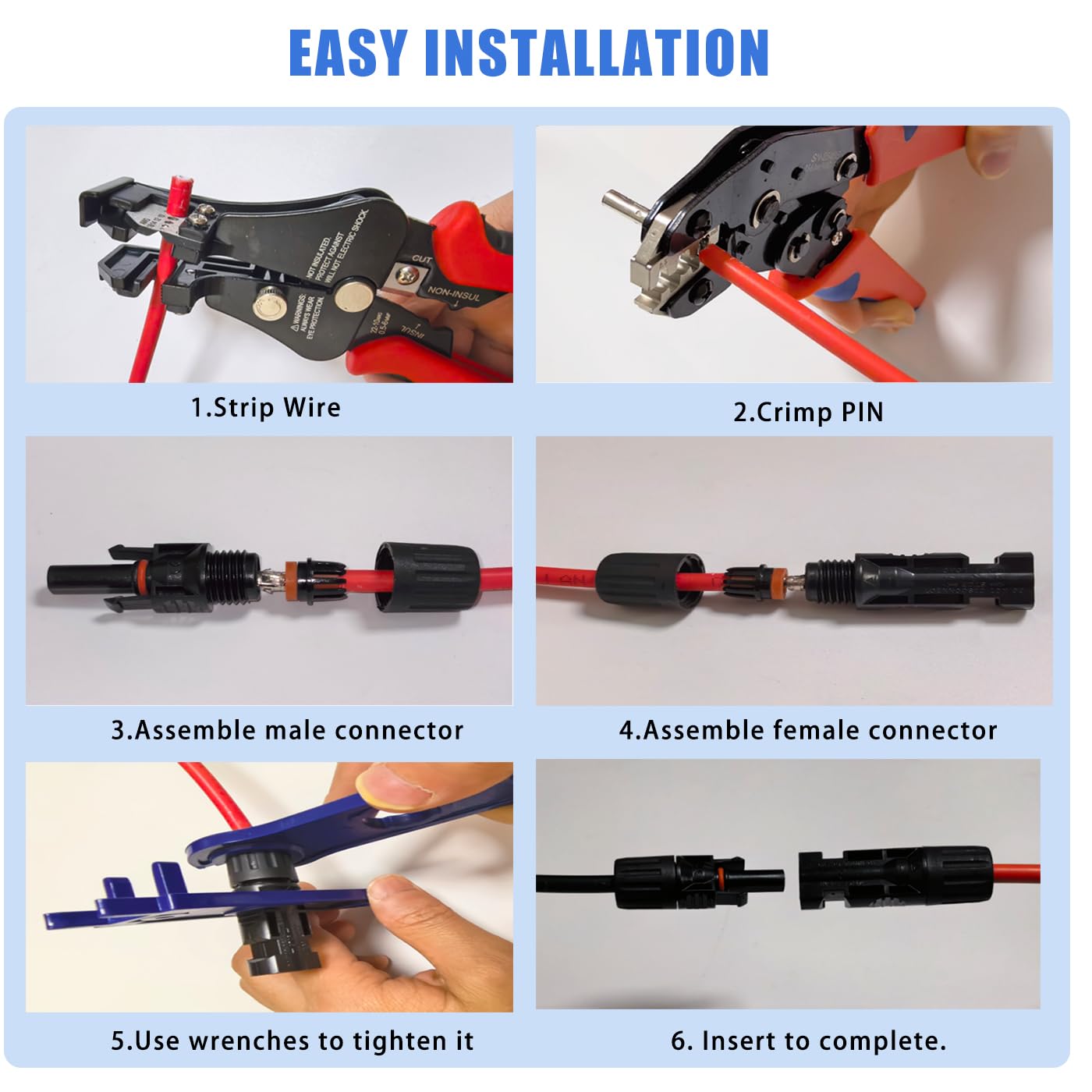 24 Paar Solarpanel-Stecker mit Crimpzange und Abisolierzange | 1000 V 30 A IP67 wasserdichte Solarstecker, 14–10 AWG MC4 Crimpzange für MC4-Steckverbinder Kit und Solarkabel