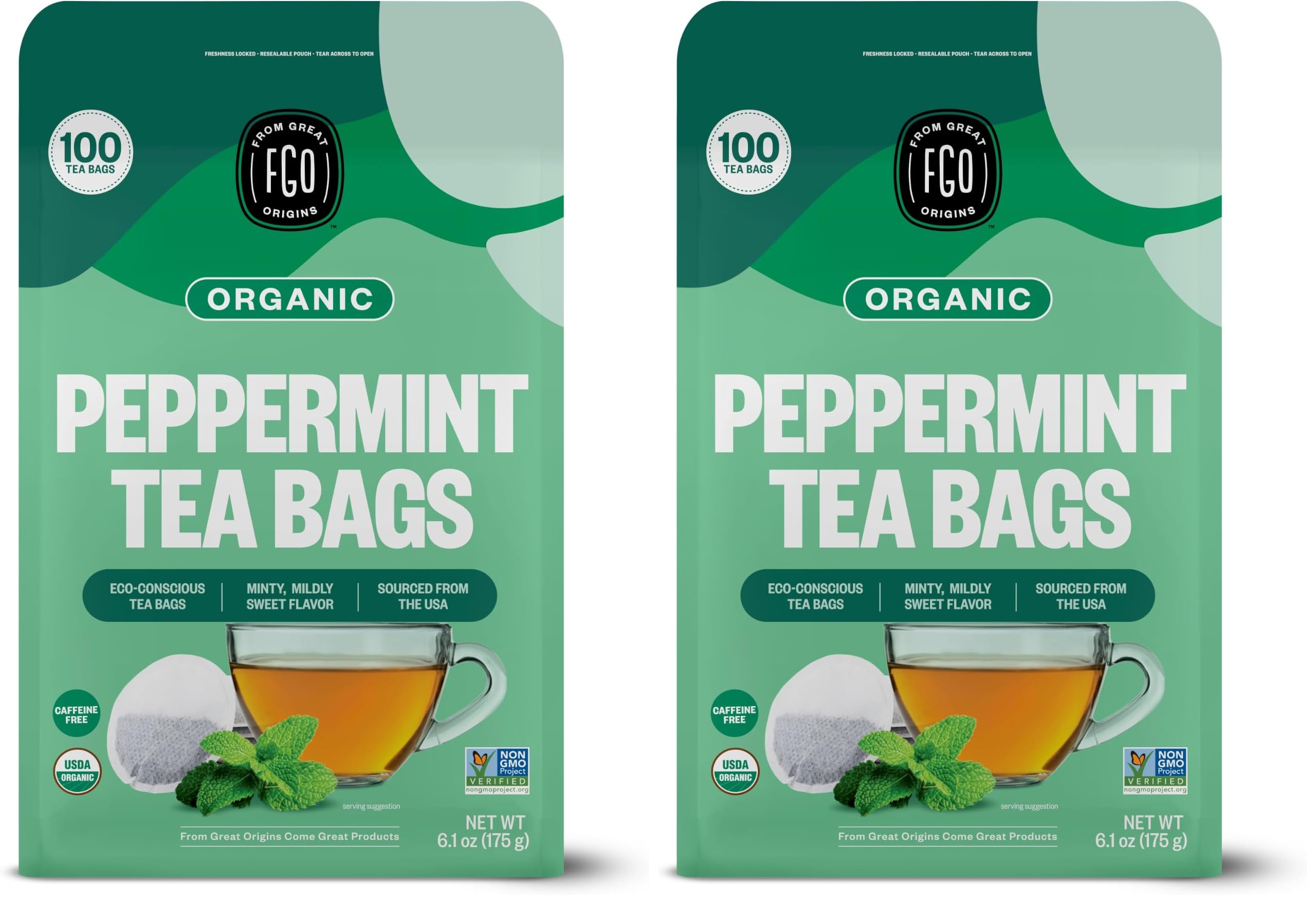 FGO Organic Peppermint Tea, 100 Count, Eco-Conscious Tea Bags, Caffeine Free, Packaging May Vary (Pack of 2) Peppermint Leaf 100 Count (Pack of 2)