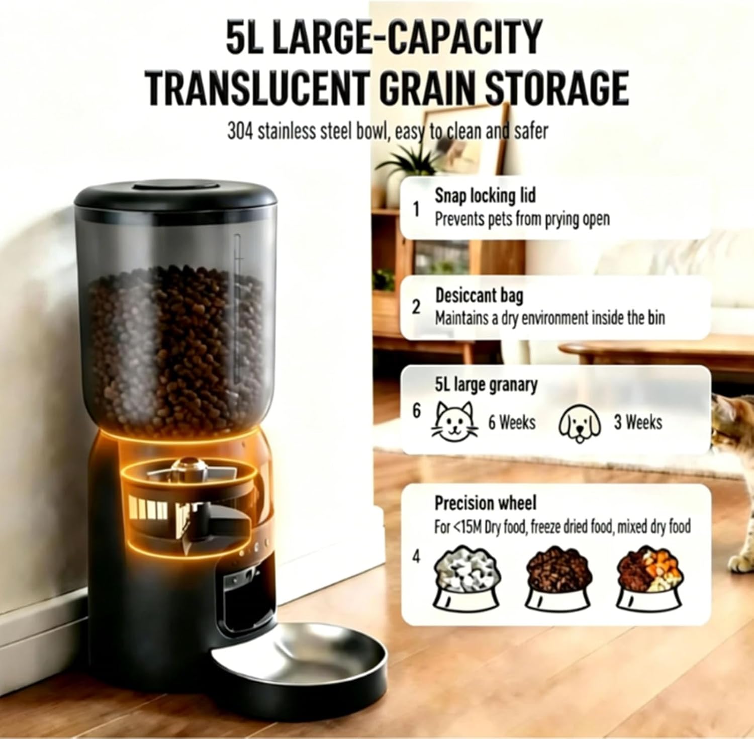 Automatic Cat Feeder with Dual Camera, 5G WiFi App Control: 5L Automatic Dog Food Storage Container with 2K HD Video and Laser Pet Toy, Dual Power Timed Smart Pet Food Dispenser for Cats&Dogs
