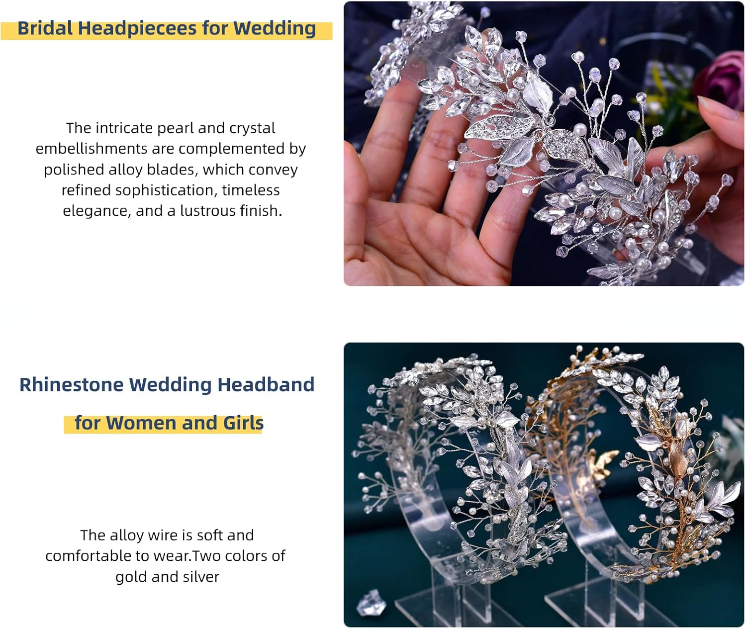 Rhinestone Wedding Headband Handmade Leaf Crystal Bridal Headpieces for Wedding Hair Accessories for Brides and Bridesmaid