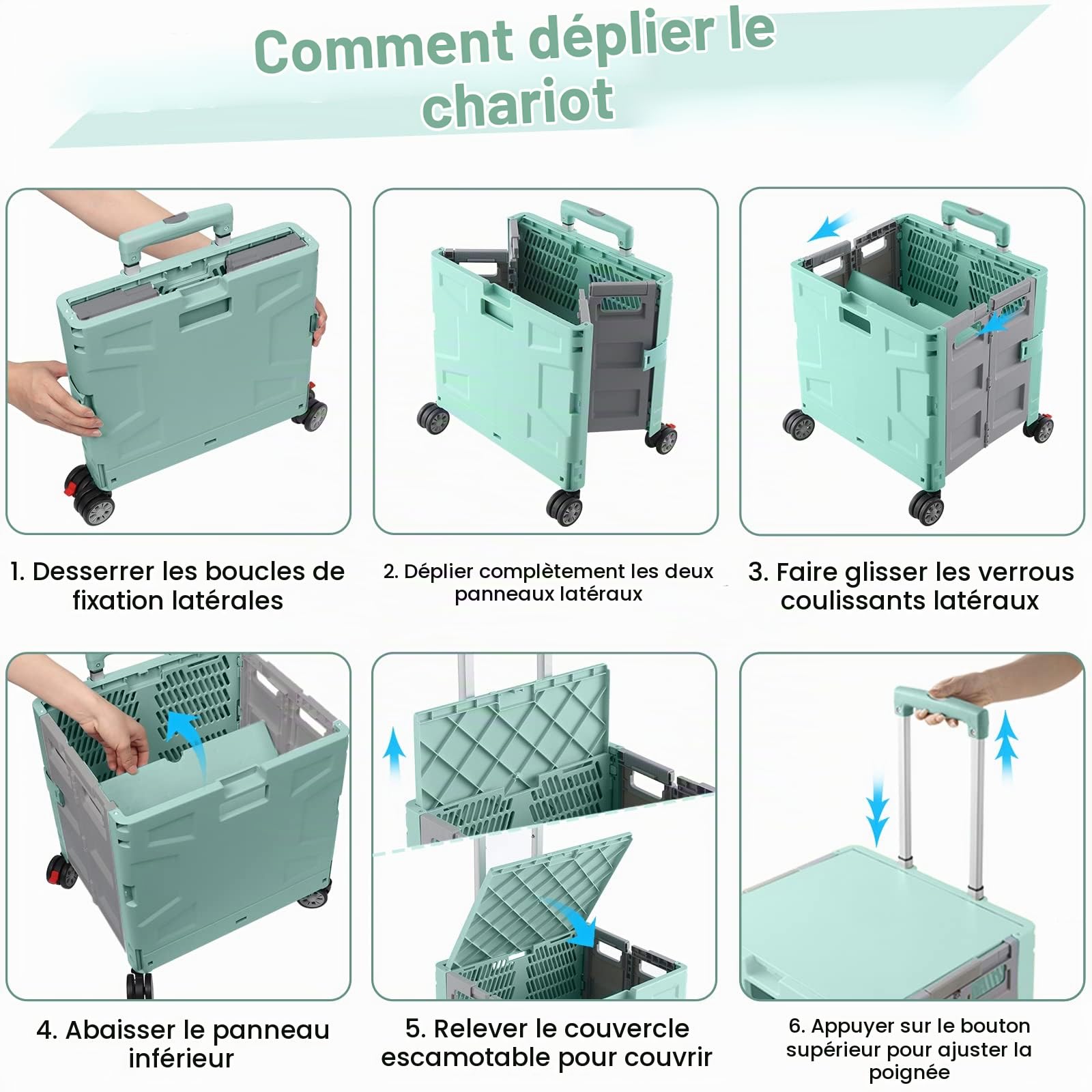 Chariot De Courses Pliable sur 4 Roues, Chariot De Rangement avec Poignée Télescopique Réglable, Chariot Portable Robuste De 50 Kg avec Couvercle pour Le Shopping/Camping - Vert/Gris