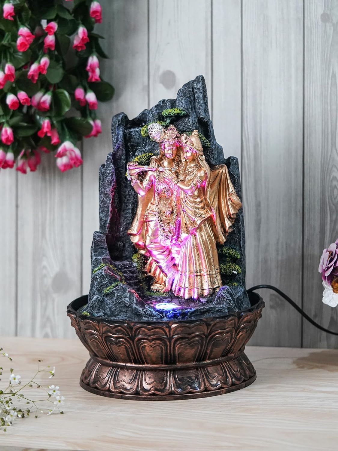 Golden & Grey Polyresin Table Top Radha Krishna Rock Finish Indoor Waterfall Fountain with LED Light & Speed Control Pump Decorative Water Fountain for Home-image-35