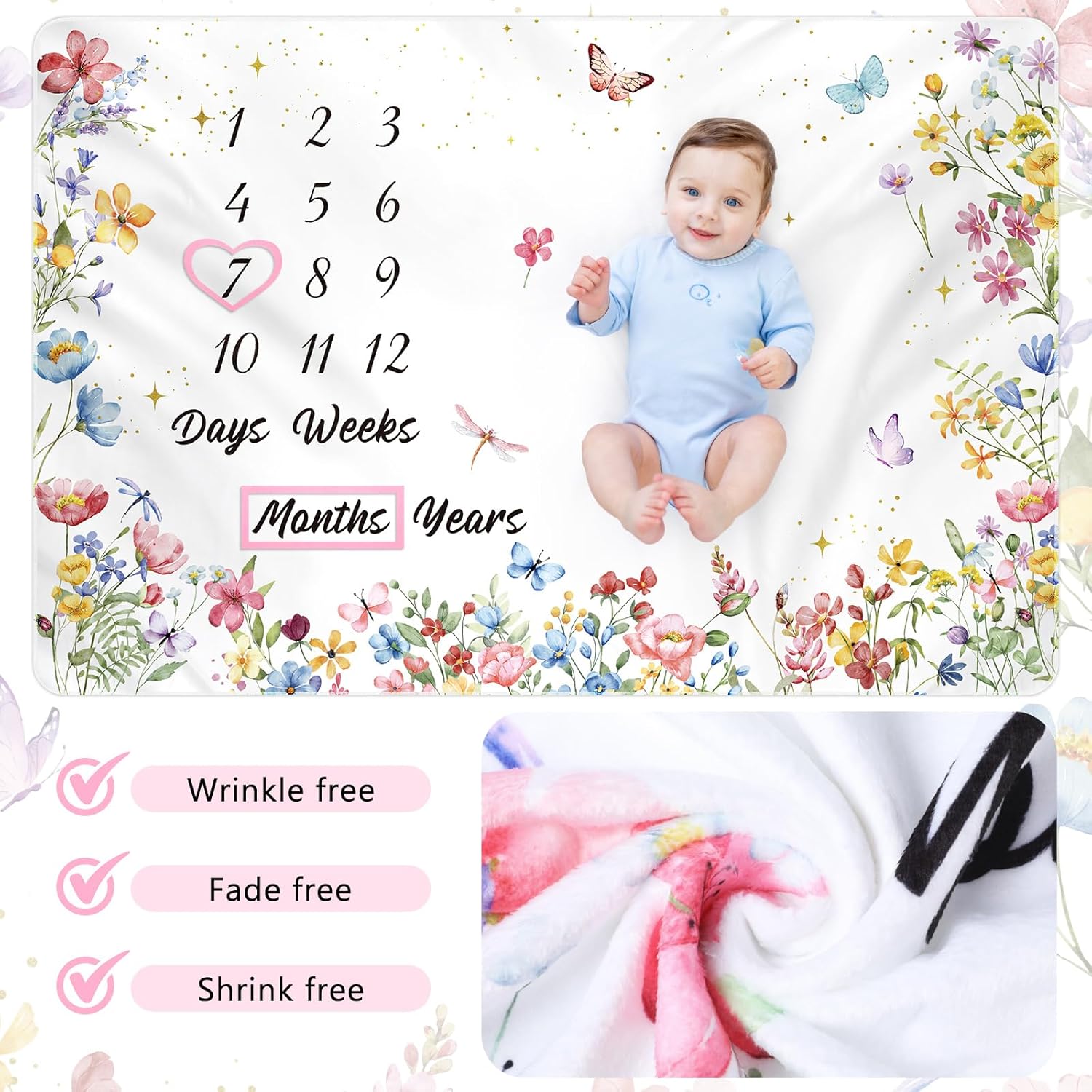 Nuanchu Baby Monthly Milestone Blanket Baby Girl Boy 60" x 40" Soft Fleece First 12 Months Growth Chart Newborn Photography Background Baby's First Year Milestone Blanket Nursery Decor(Wildflower) - Image 4
