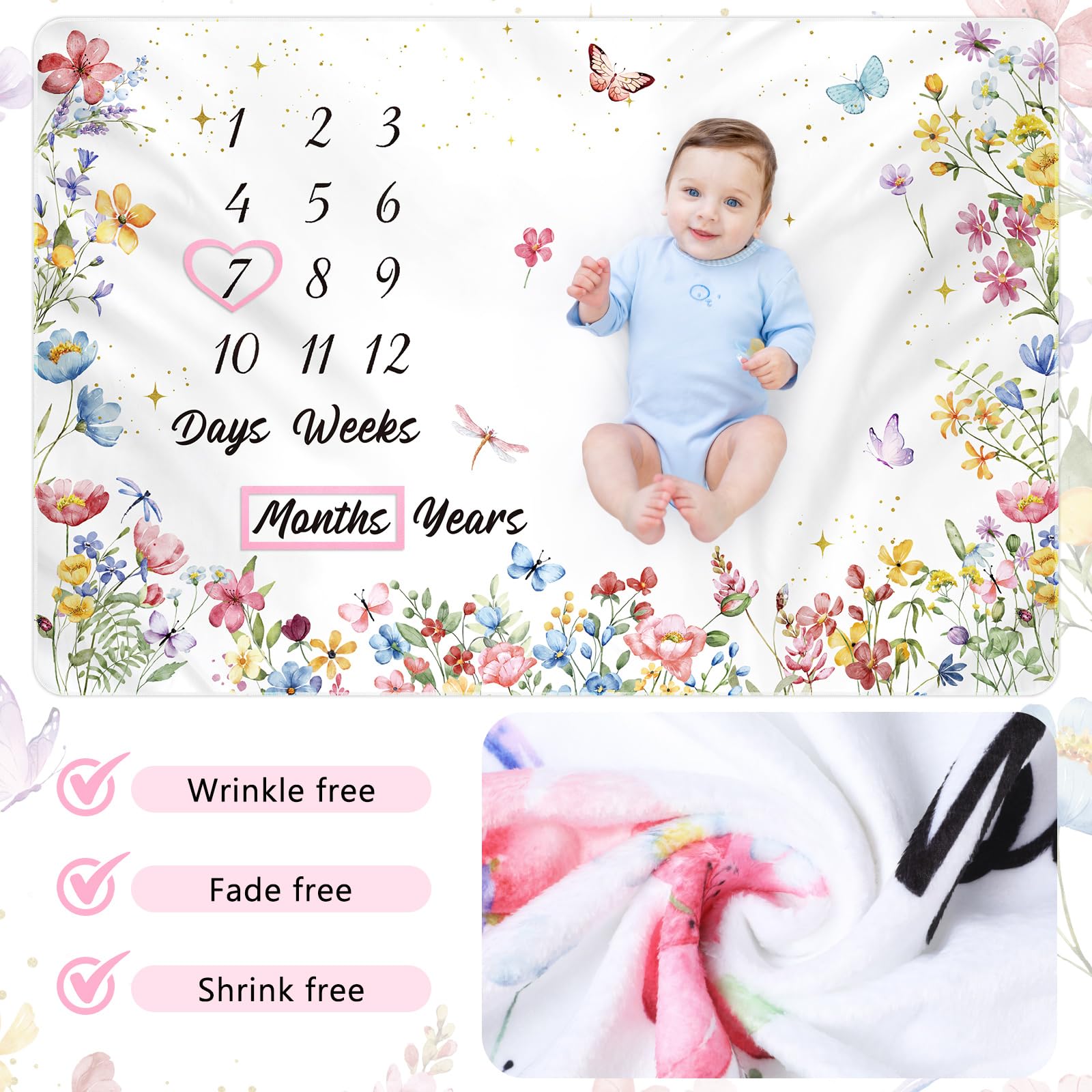 Nuanchu Manta mensual de hitos para bebé, niña y niño, 60 x 40 pulgadas, forro polar suave para los primeros 12 meses, gráfico de crecimiento para recién nacido, fondo de fotografía del primer año
