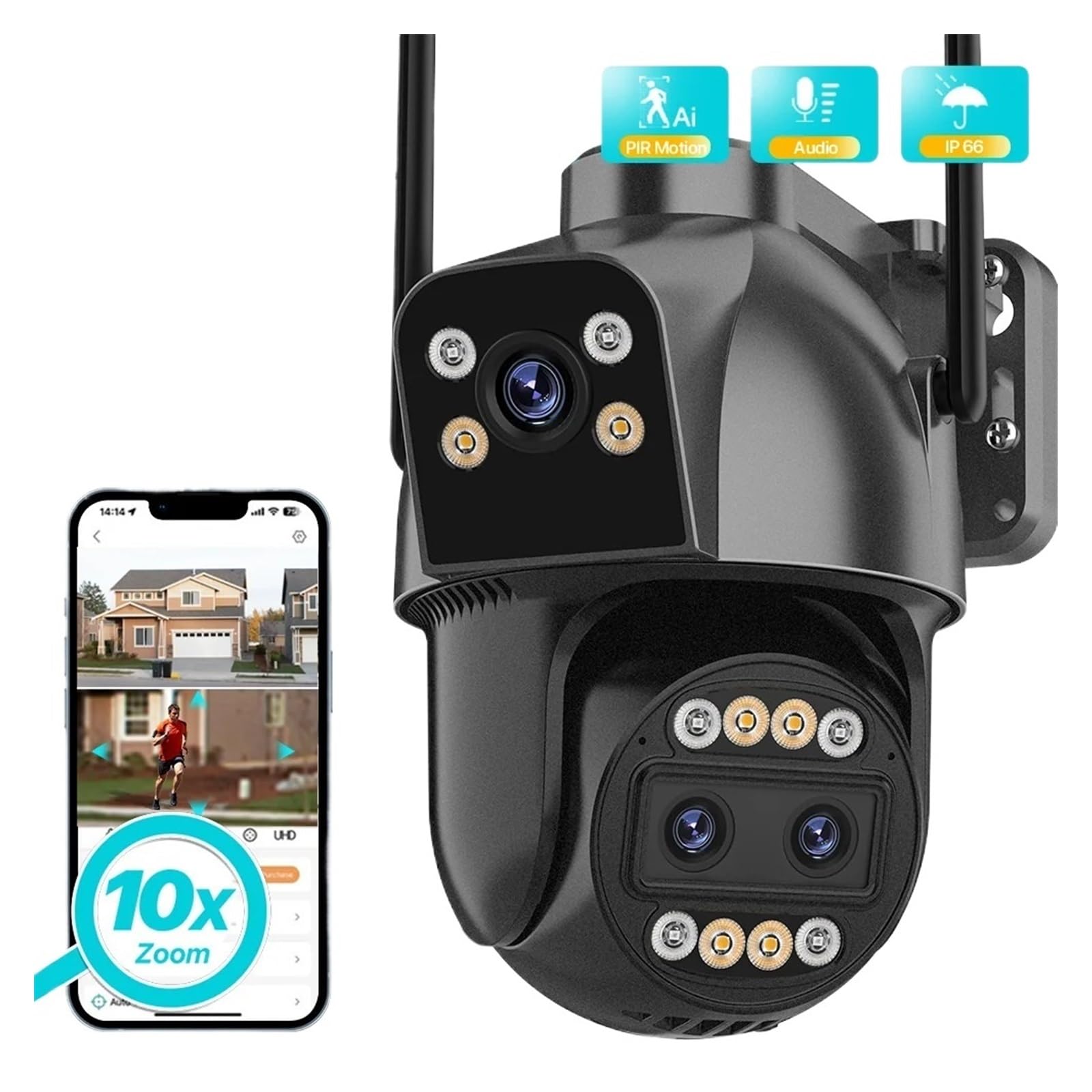 Kamera bezpieczeństwa, Kamera IP 4K HD 4G na zewnątrz 10-krotny Zoom trzy obiektywy podwójny ekran karta Sim kamera PTZ śledzenie AI monitorująca wideo CCTV(4K 4G Add 64G)