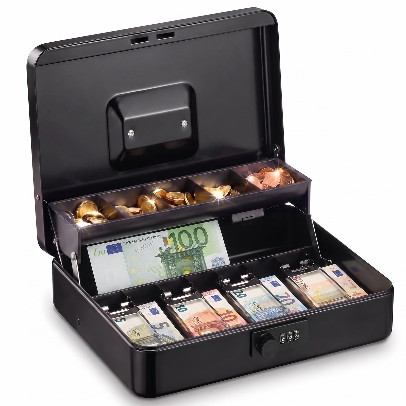 Cyiecw Cassetta con Combinazione Numerica a 3 Cifre, Porta Soldi con Inserto per Monete e 4 Scomparti, Valigetta in Ferro, Portavalori, per Casa, Ufficio, Eventi, 30x24x9cm
