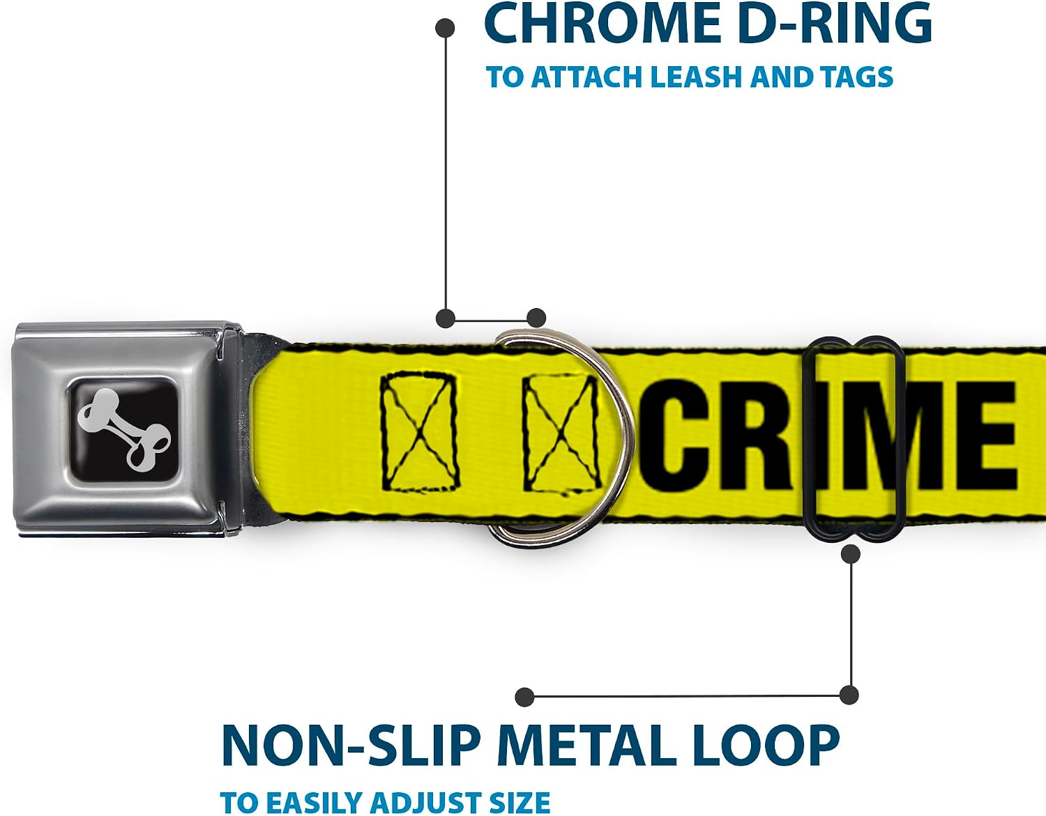 Dog Collar Seatbelt Buckle Crime Scene Do Not Cross Yellow Black 9 to 15 Inches 1.0 Inch Wide