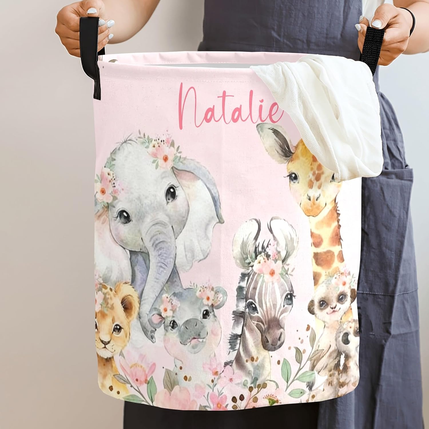 Safari Animals and Floral Personalized Laundry Basket with Name Collapsible Waterproof Laundry Hamper Clothes with Handle for Bedroom Bathroom Nursery Decor