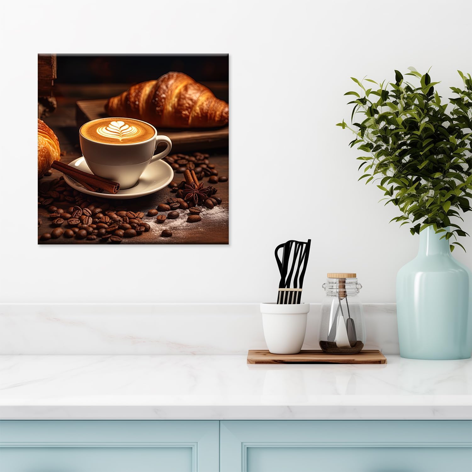 Coffee and Bread Canvas Wall Art, Coffee and Bread with Coffee Beans on the Wooden Table Painting Print Rustic Kitchen Still Life Poster Picture for Coffee Shop Dining Room Decor(Artwork-03, 12"x12") - Image 2