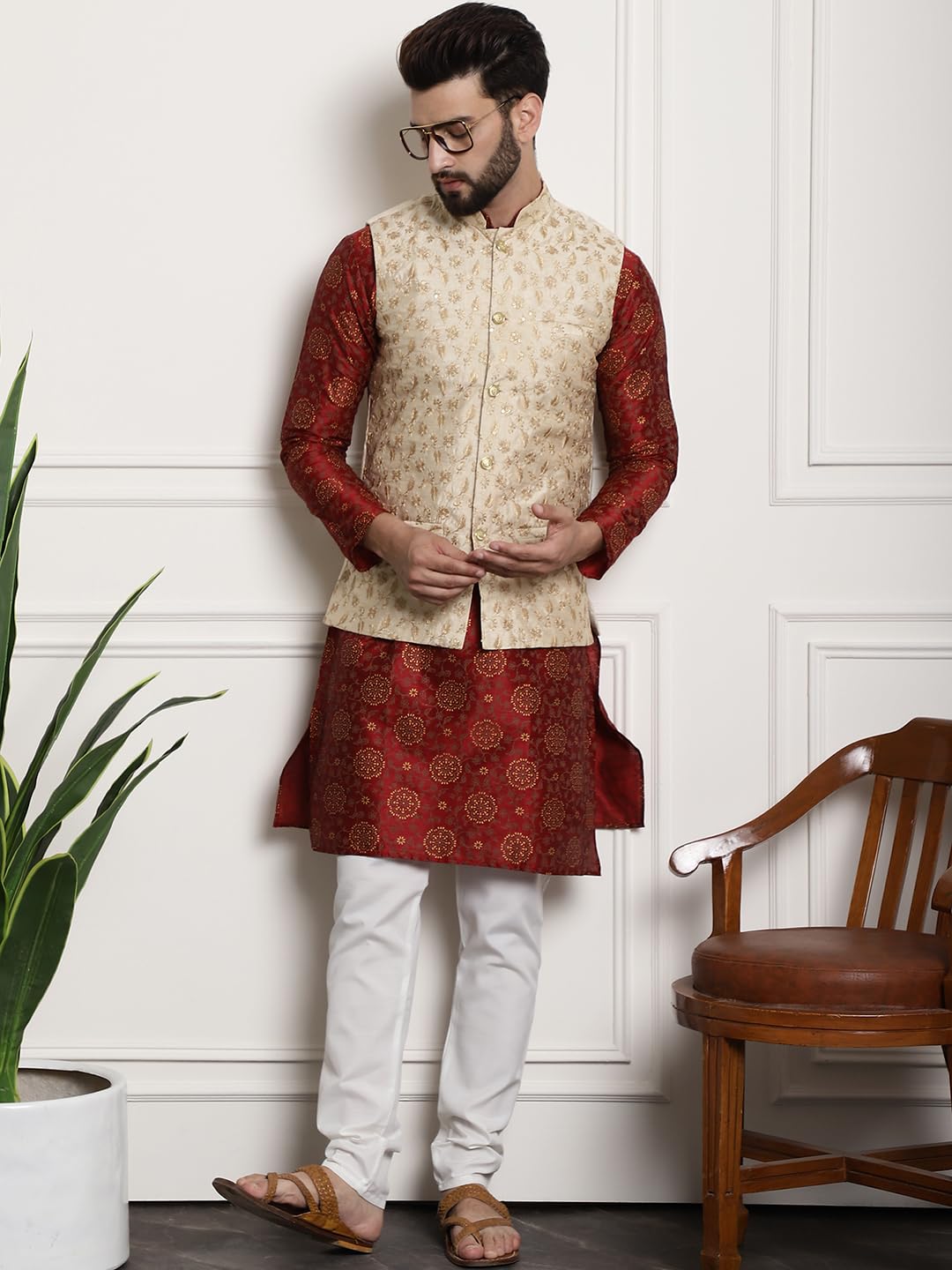 Sojanya (Since 1958 Men's Silk Blend Maroon Kurta & Cream Pyjama With Beige Embroiderd Nehrujacket