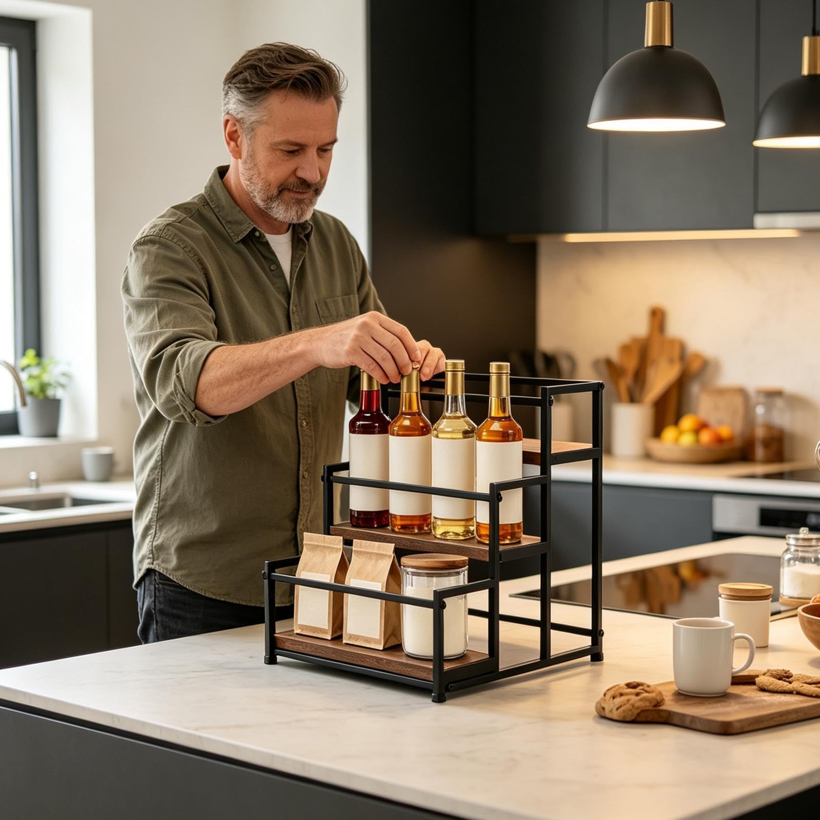 Organizer na syrop kawowy, rustykalny, 3-poziomowy, oszczędzający miejsce uchwyt ekspozycyjny | Stojak na butelki syropu do szafki wewnętrznej spiżarni domu baru kuchni