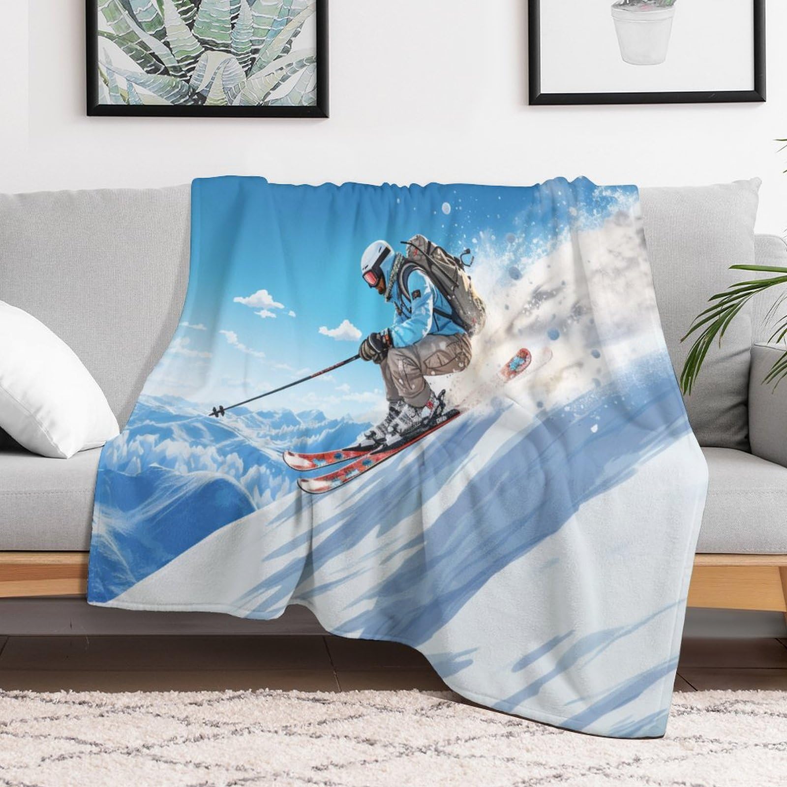 Ski en Montagne enneigé Impression 3D Couvertures Légère en Polaire De Flannel Linge De Lit Couvre-lit Couverture De Canapé 150×200cm