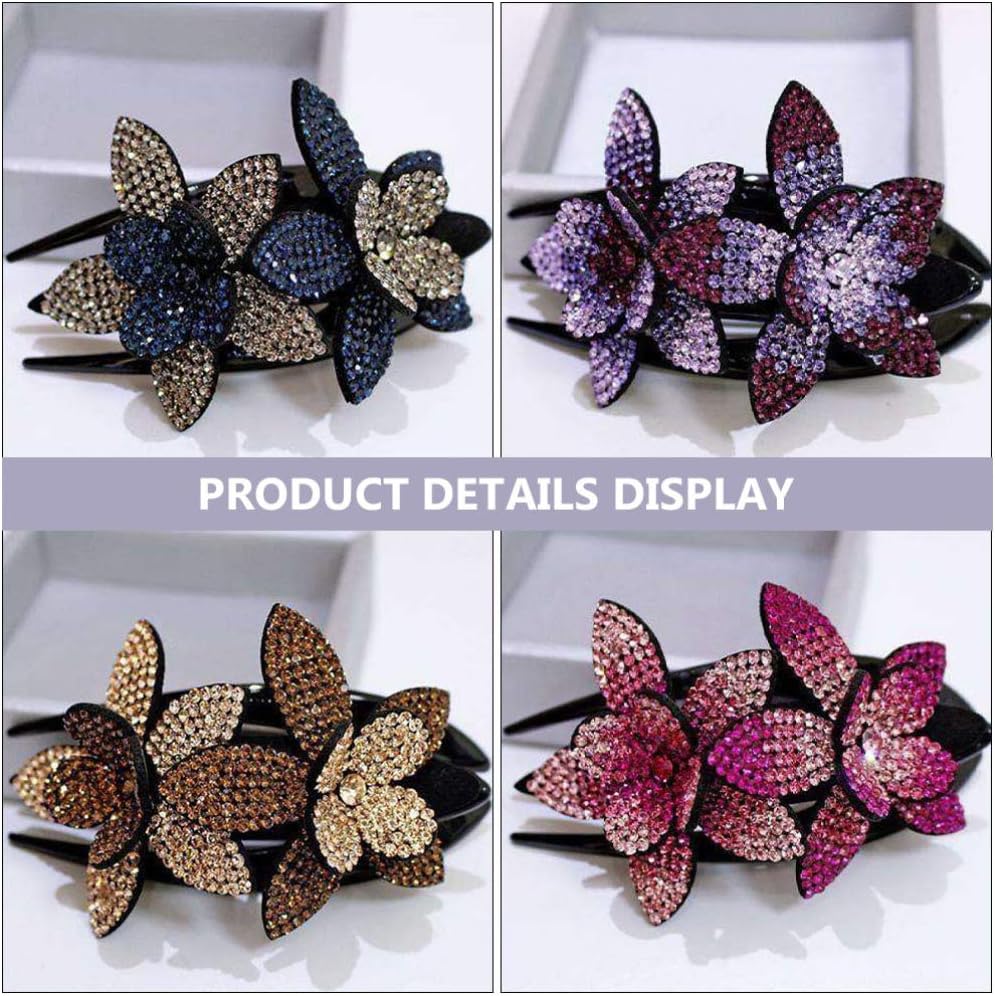 Lurrose 4Pcs Flower Hair Grip Rhinestone Claw Hair Clip Bling Shiny Ponytail Holder Catch Barrette No Slip French Curved Duckbill Hair Clamp for Women Ladies - Image 4