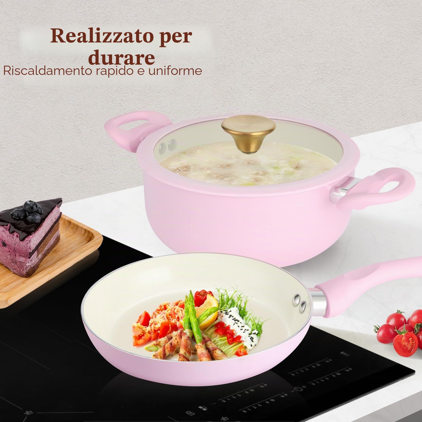 M MELENTA Set di pentole e padelle antiaderenti, 11 pezzi in ceramica rosa | Set da cucina antiaderente, pentole a induzione, set di pentole antiaderenti per principianti, senza PTFE, PFOA e PFAS