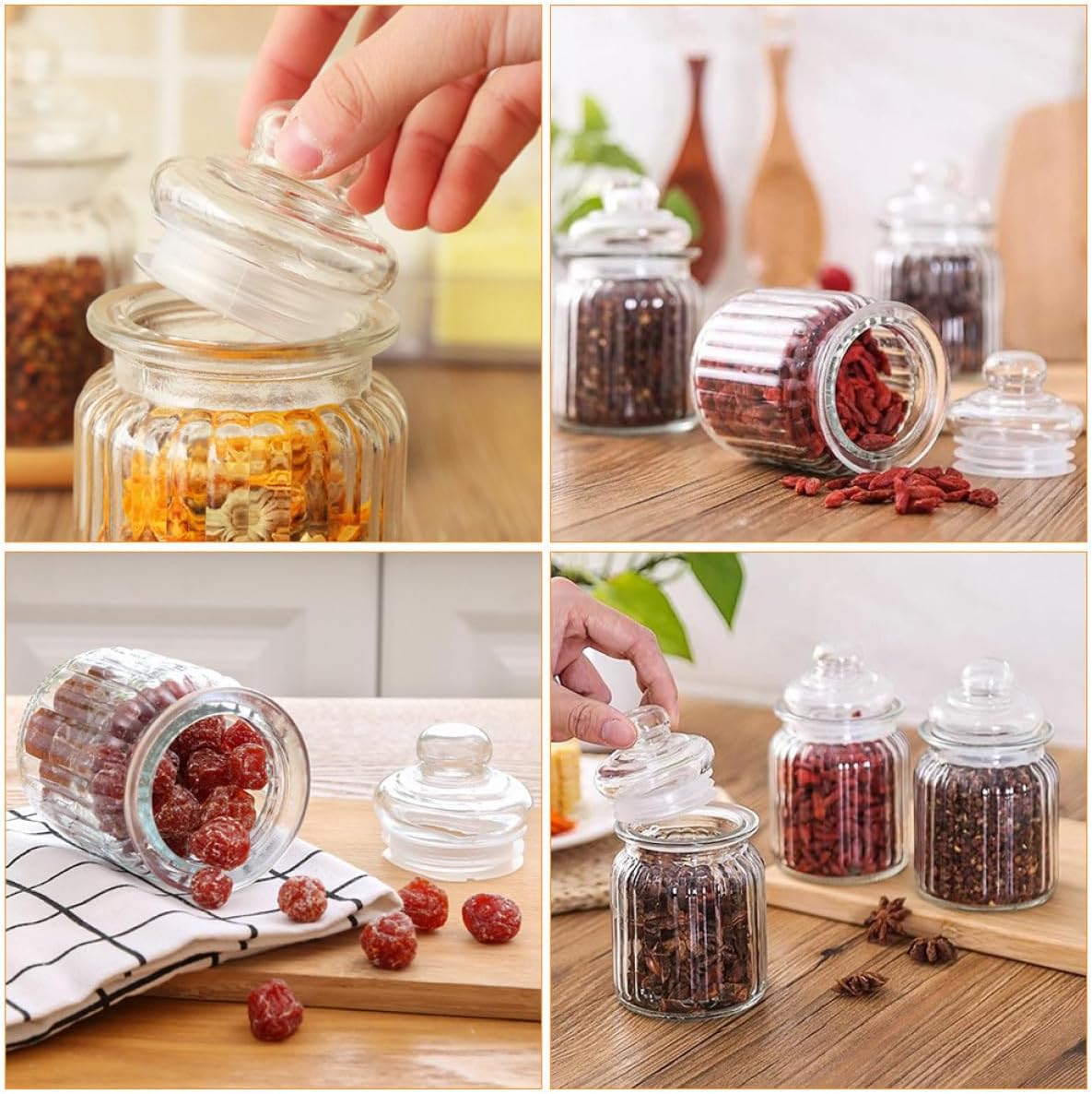 ARTIBETTER 4pcs 230ml Glass Storage Containers Food Jars with Lids Multifunctional Kitchen Storage Canisters for Coffee Beans, Seasonings, and Pantry Organization