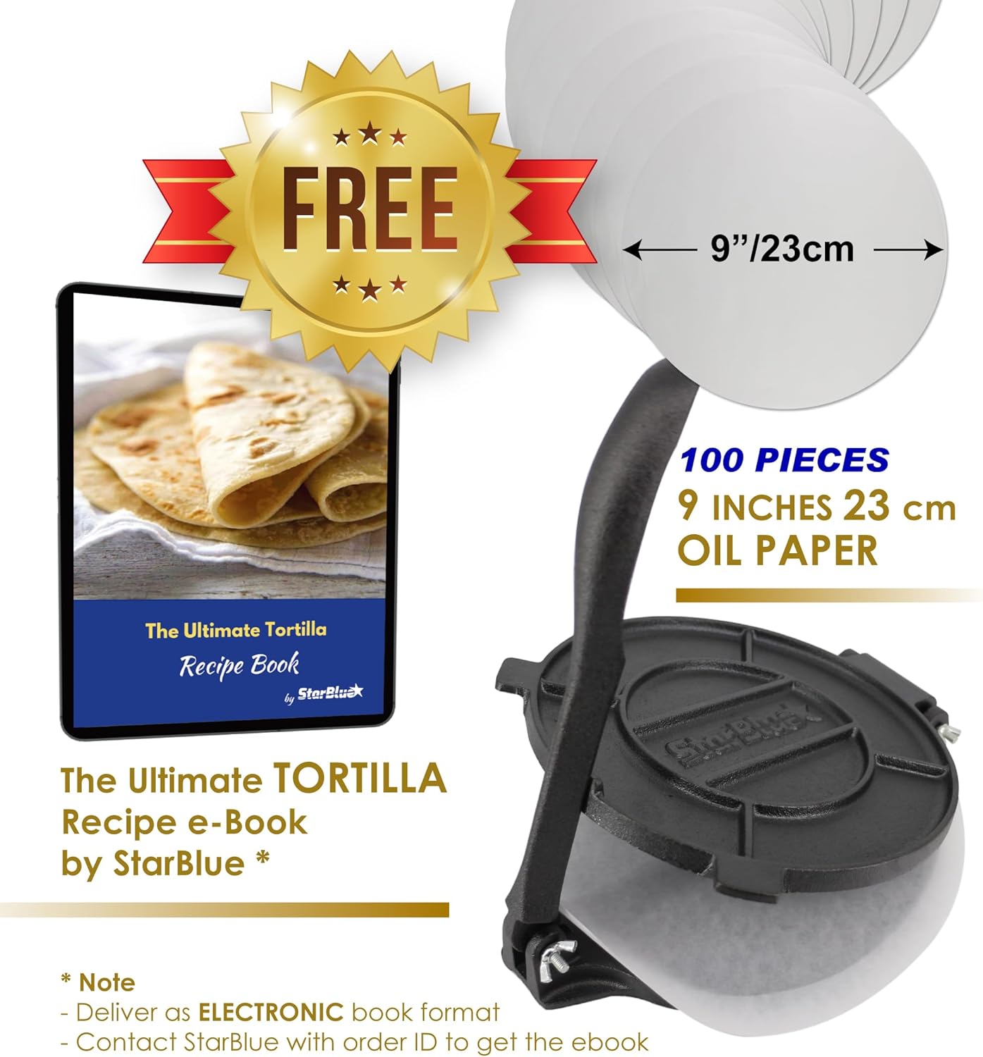 8 Inch Black Cast Iron Tortilla Press with Recipe Book