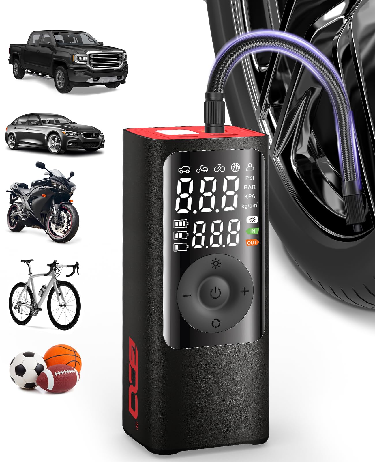 BDO Compressore d'aria portatile, 2,5 volte più veloce da 150 psi, senza fili, con doppio display LCD, spegnimento automatico, compressore d'aria per auto, moto, bici, palloni