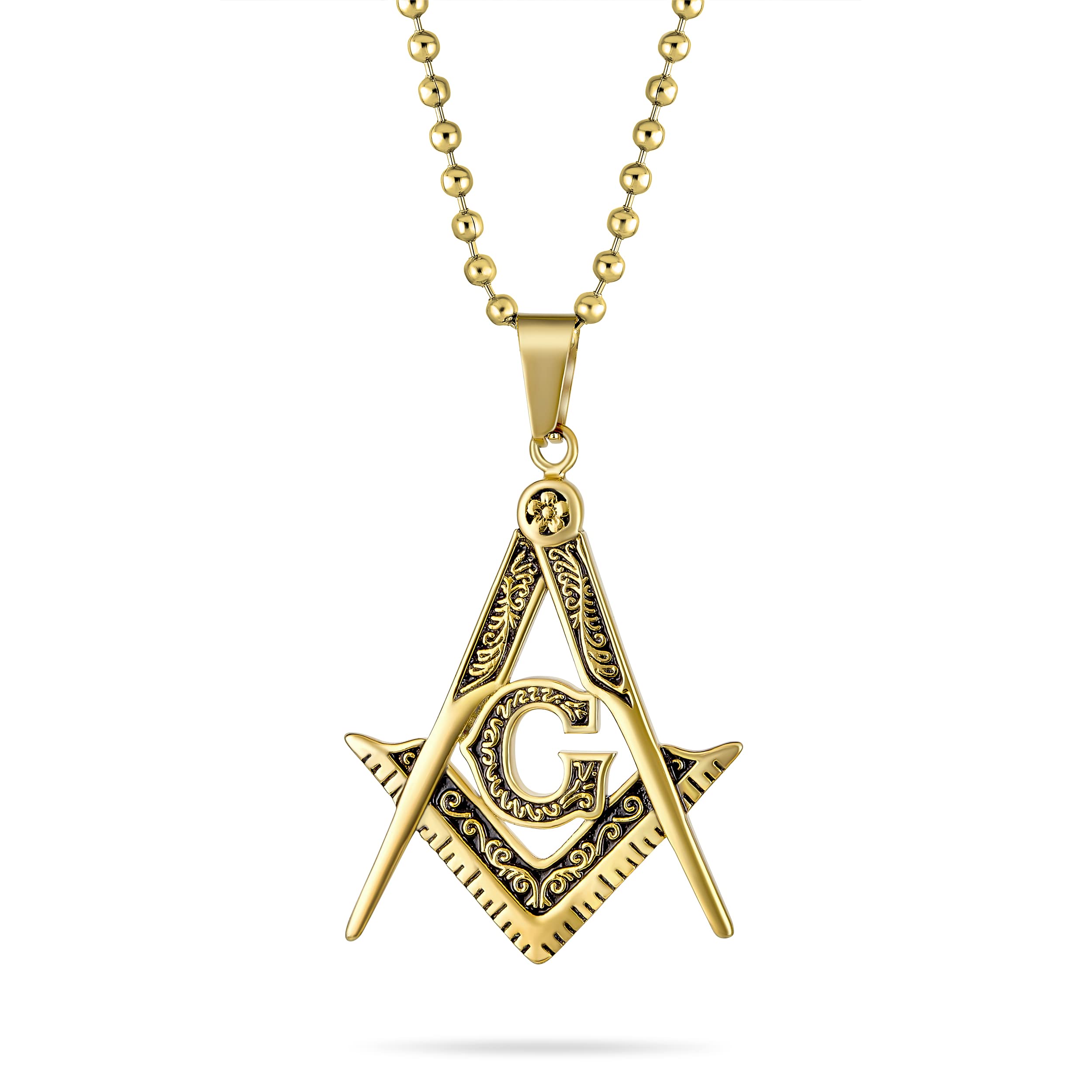 Black Oxidized Large Freemason Secret Society Square & Compass Masonic Symbol Pendant Necklace For Men Silver Gold Tone Stainless Steel With Bead Chain
