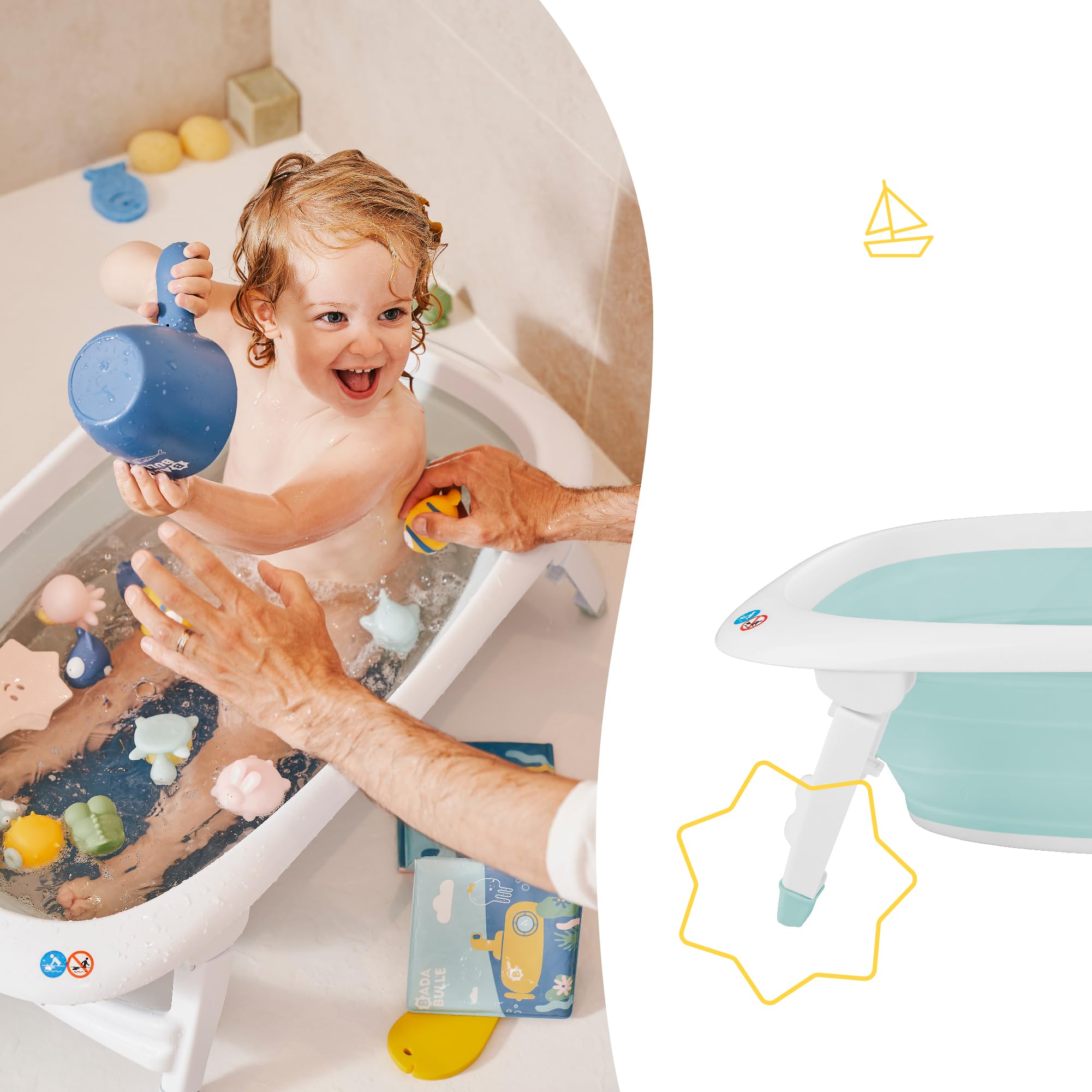Badabulle Baignoire Bébé Pliable 35L Pieds Antidérapants Bouchon Vidange Témoin Température Poignée Transport Séchage