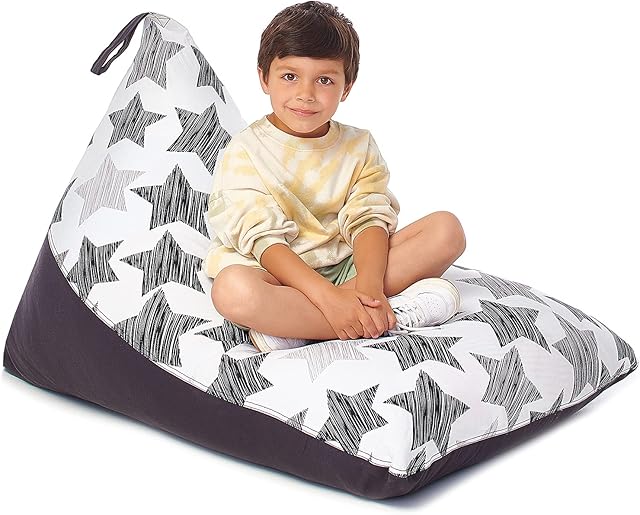 Kids Bean Bag - COVER ONLY - Stuffed Animal Storage - Large Triangle Beanbag Chairs for Kids - 150+ Teddy Plush Toys Holder and Organiser for Boys and Girls - 100% Cotton Canvas - Hatch Stars