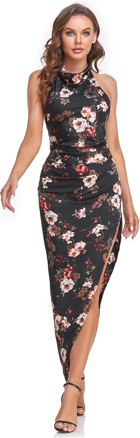 CMZ2005 Women Sexy Backless Elegant Halter Neck Satin Maxi Dress High Side Slit Irregular Hem Satin Wedding Guest Dress 72170