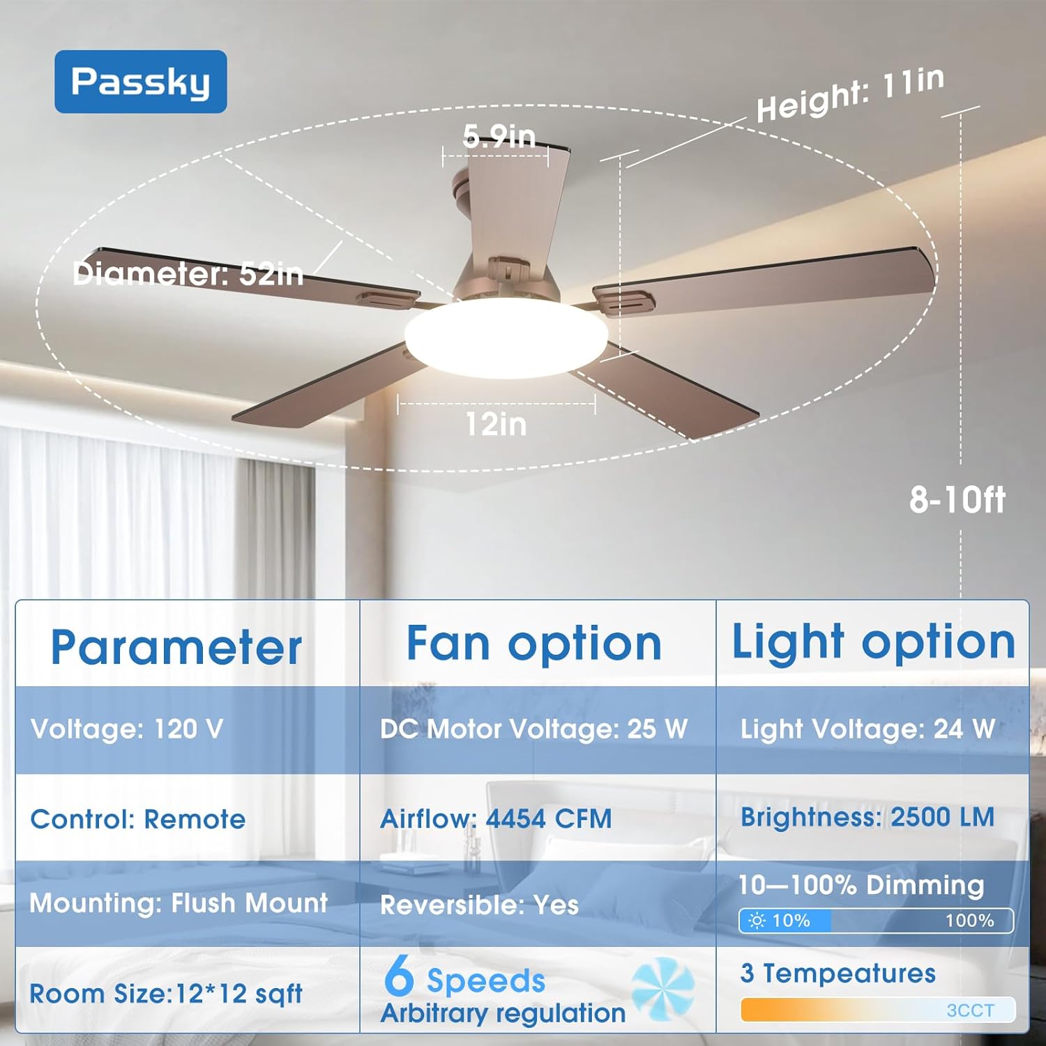 Passky Ceiling Fans with Lights, 52 inch Flush Mount Ceiling fan with Remote Control, Low Profile Ceiling Fan for Bedroom, Farmhouse, Reversible, 3CCT, Dimmable, Noiseless DC Motor, Brown