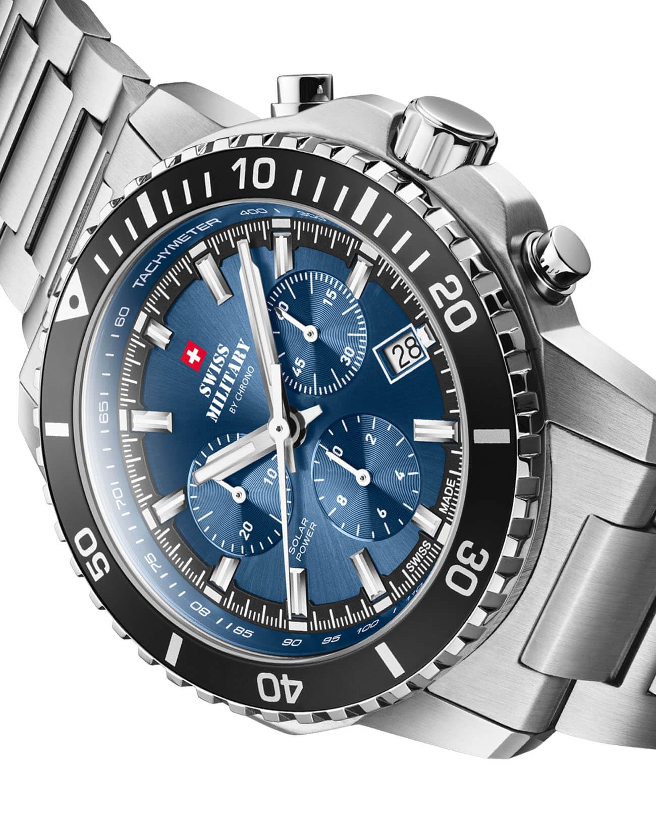 Swiss Military by Chrono SMS34113.01 - Orologio da uomo con cronografo solare al quarzo con cinturino in acciaio inox, analogico, colore nero
