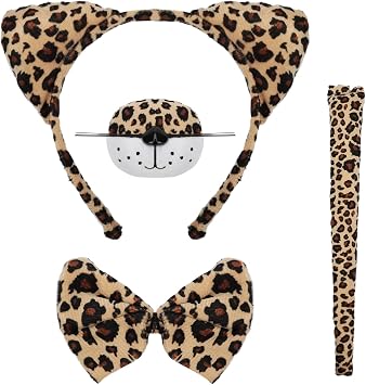 Mototo 4 PCS Leopard Costume Accessories Set, Leopard Cheetah Ears Headband Cheetah Costume for Adult with Tail Bow Tie Animal Ears Headband for Adults Halloween Cosplay Dress Up Party