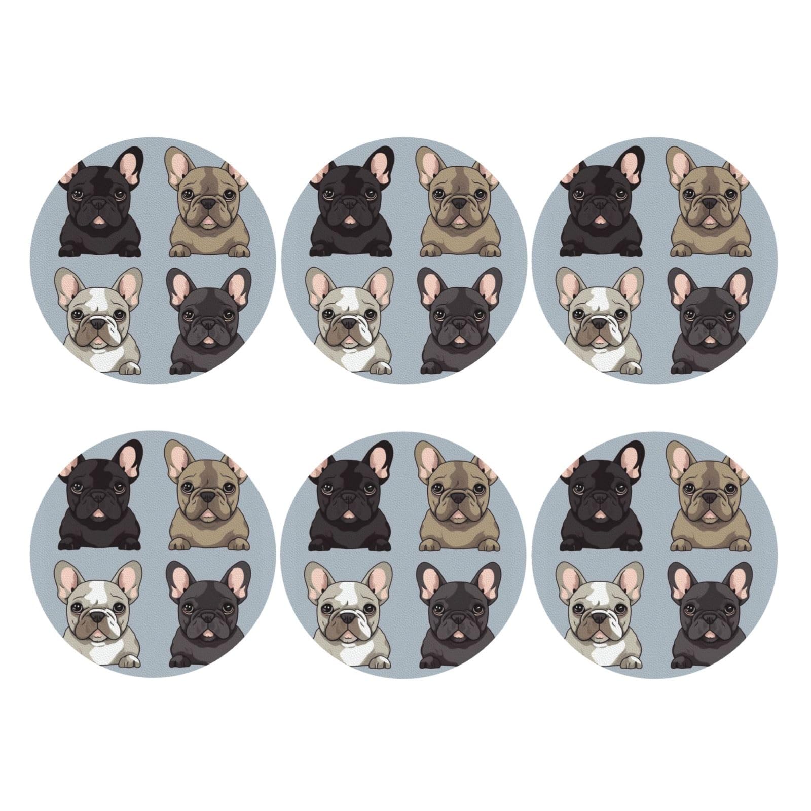 6pcs Leather Coasters for Drinks, French Bulldog Drink Coasters for Tabletop Protection, 4" Cup Coasters for Coffee Table Decor, Non-Slip Drinking Cup Mat for Hot Or Cold Drink