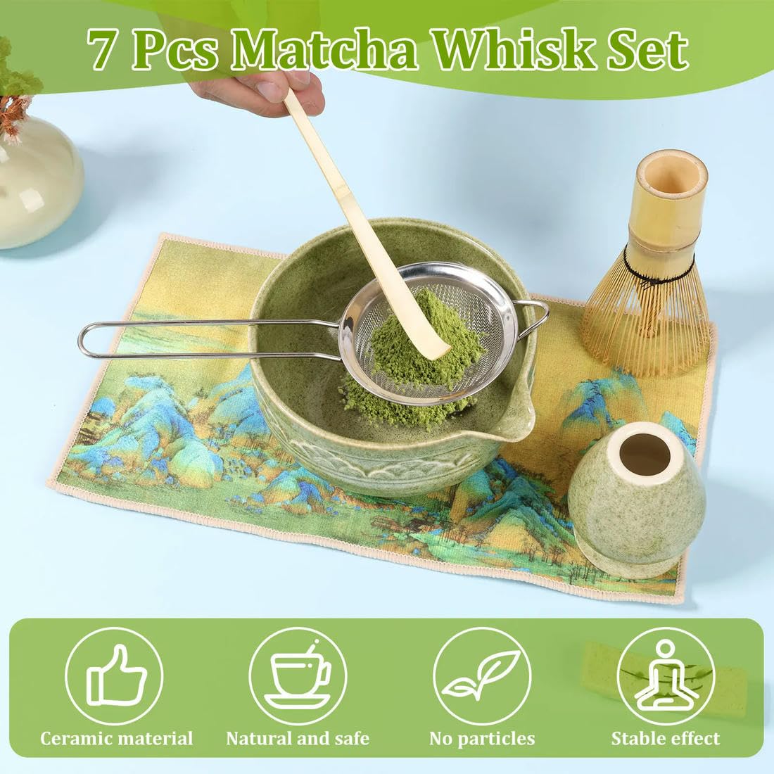 7-teiliges handgefertigtes Matcha-Schneebesen-Geschirrtuch-Set aus Keramik für Zuhause, temperaturbeständig, Matcha-Schüssel-Schaufel-Set, leicht zu reinigen