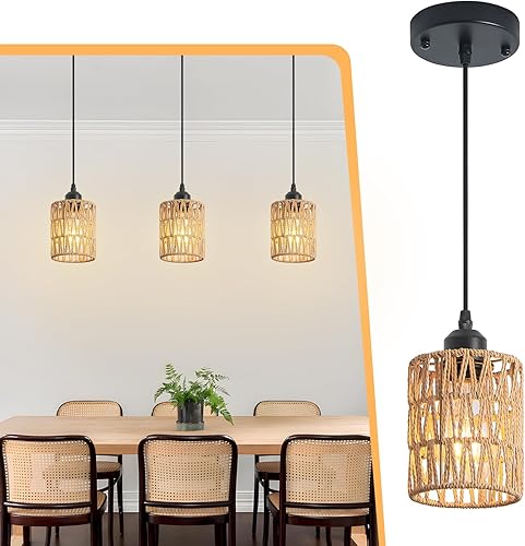 Paquete de 3 lámparas colgantes de ratán para isla de cocina, lámparas bohemias de granja de altura ajustable para comedor, lámparas de techo de