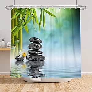 Zen Garden Shower Curtain Spa Green Bamboo Black Stone White Flower ...