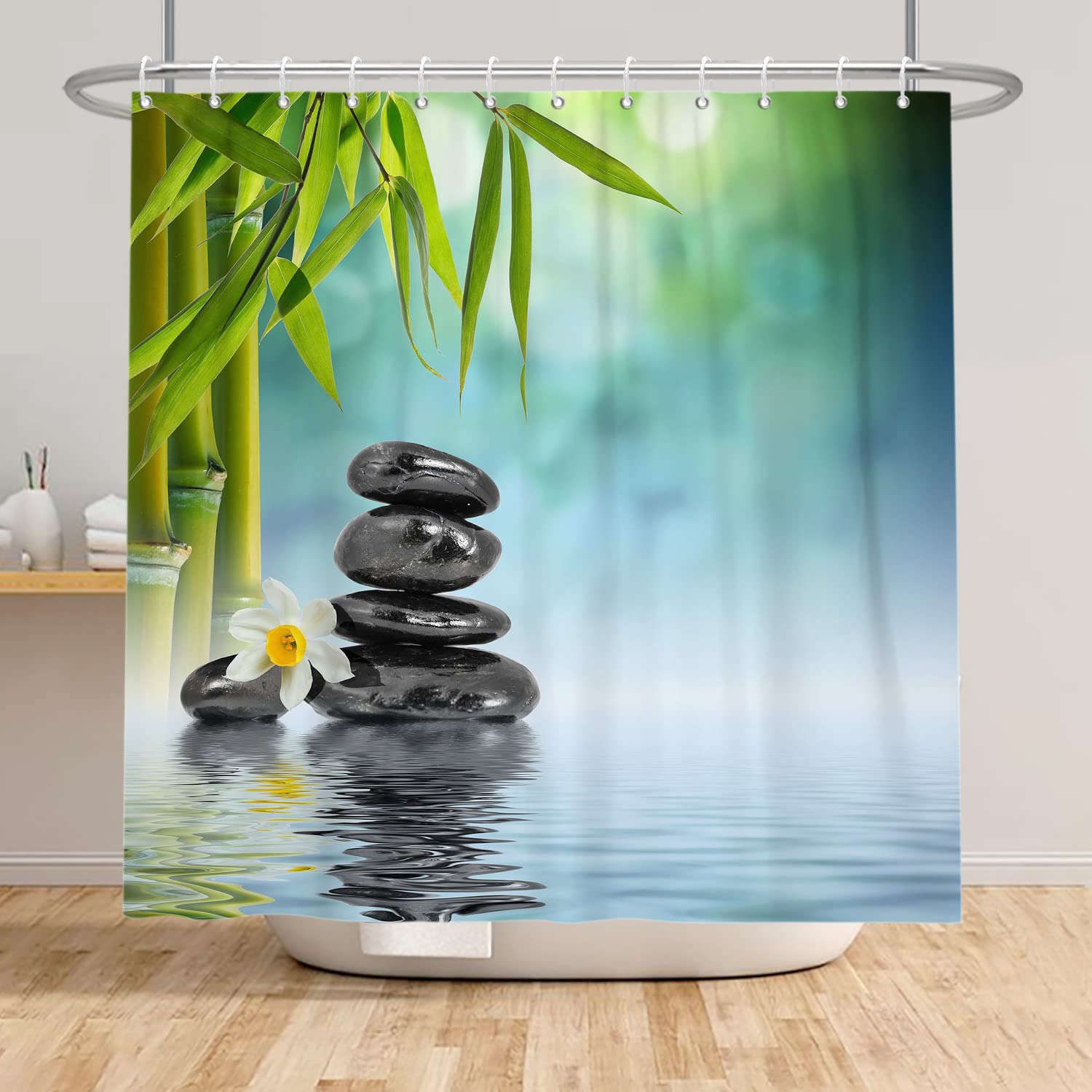SDOTPMT 36x72inch Spa Japanese Theme Shower Curtain Green Bamboo Leaves Orchid Basalt Stones Bath Curtain Zen Meditation Bathtub Curtain for Bathroom Decor Fabric Polyester with Hooks