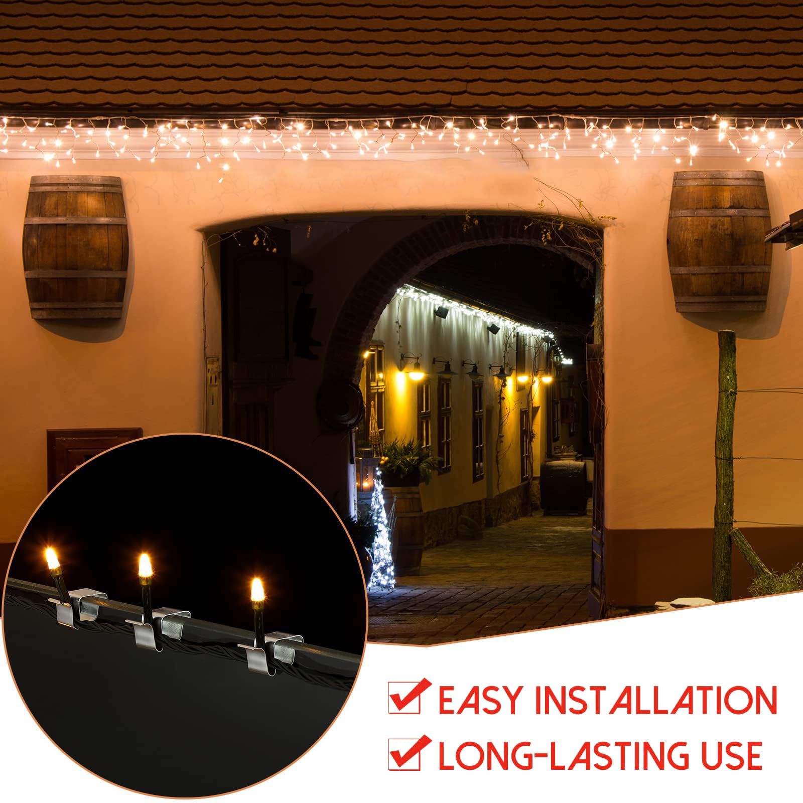 50 Stück Dachrinnenhaken für Lichterketten, Edelstahl Weihnachtsbeleuchtung, Edelstahl Weihnachtslichter-Clips, Mini Dachrinnenhaken, Metall Lichterhaken Clip