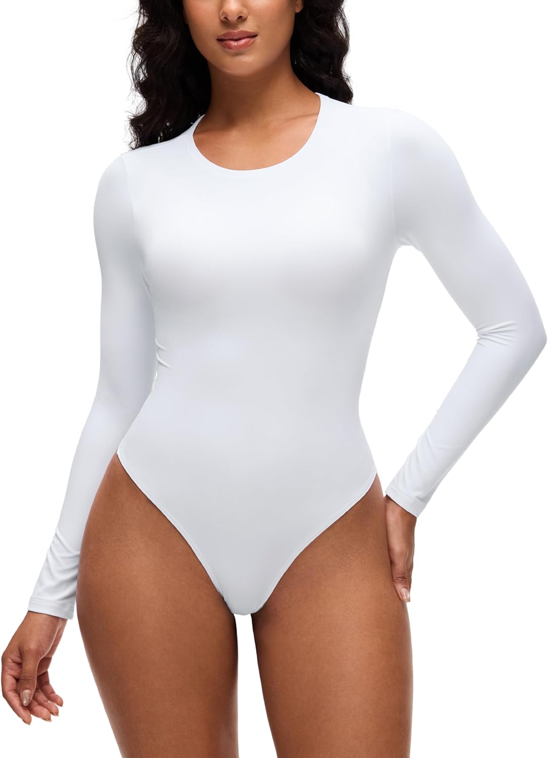 CRZ YOGA Softembrace Long Sleeve Bodysuits for Women - Crewneck Basic Casual Travel Thong Body Suits Fitted Tops