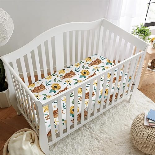 Miniatura 6 de Highland Cow - Sábana bajera estándar para cuna para bebé, diseño de flor de yak de animales de granja occidental, suave y elástica, decoración