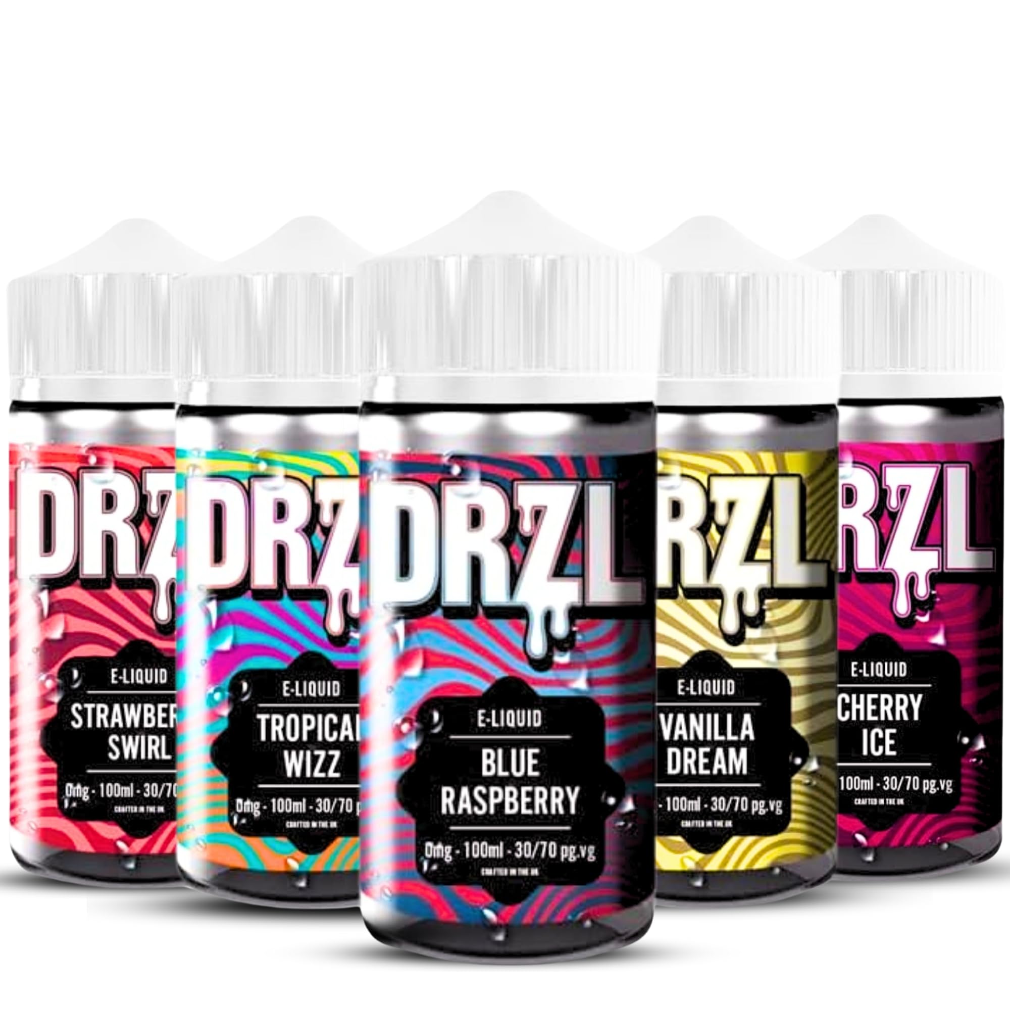 Drzl Nicotine Free Vape Liquid, 5x 100ml E-Juice for E-Cigarette & Kits - Sub Ohm Ecig Shortfill Premium Flavors: Tropical Wizz, Cherry Ice, Raspberry, Strawberry Swirl, Vanilla