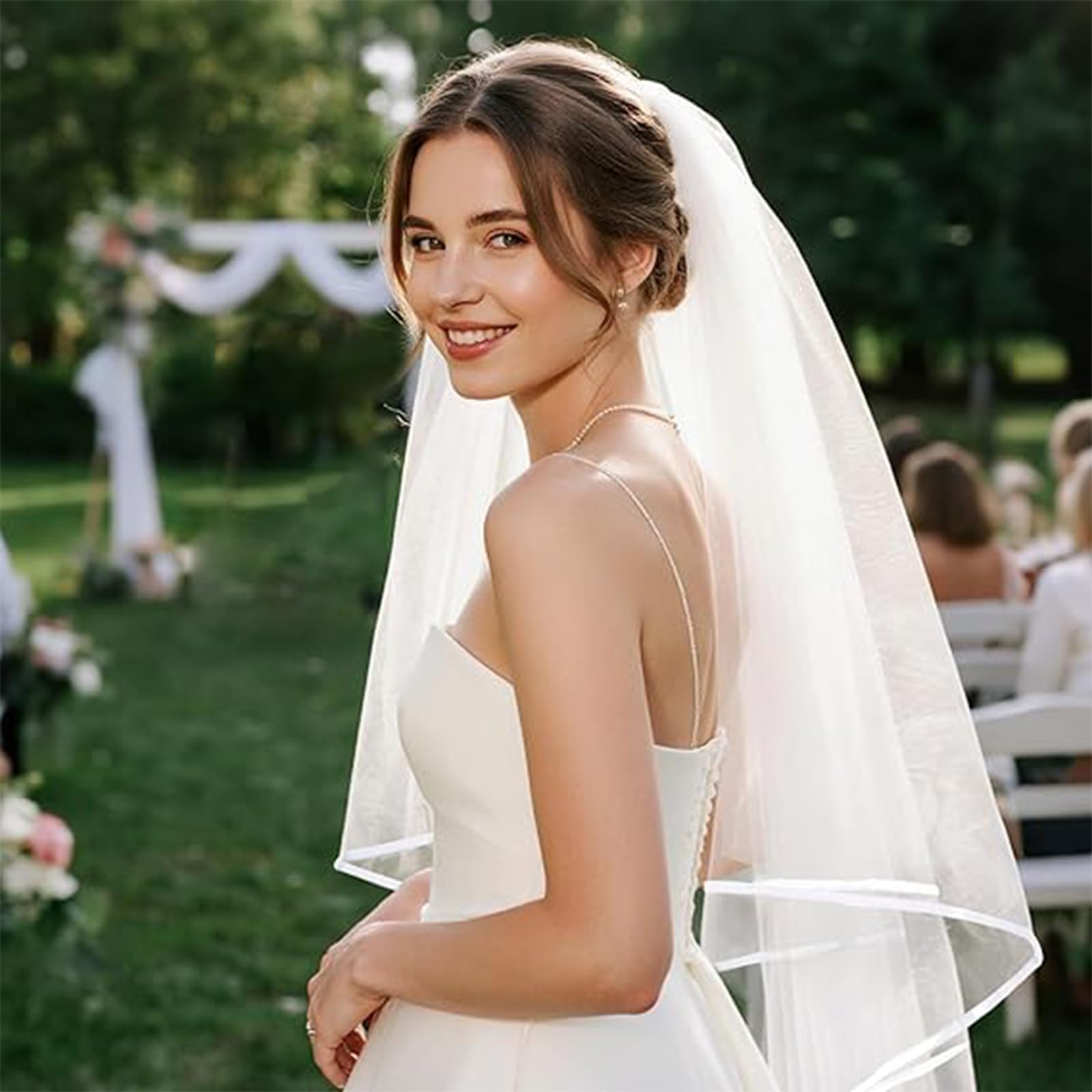 Velo de Novia Blanco, Velos Novia, Velo de Novia Blanco con Peine 2 Niveles, 60-80 cm, para Bodas