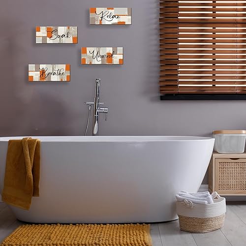 Miniatura 5 de 4 piezas de decoración de pared naranja para baño, decoración de pared naranja con citas relajantes, arte abstracto de madera colgante de pared para