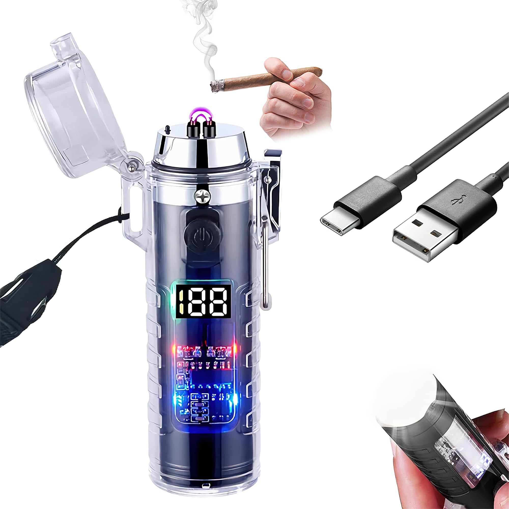 Arc Plasma Lighter Electric Lighter Cigarette – Rechargeable Dual Arc Windproof Torch for Smokers – Type-C Flash Light – Transparent Design for Men – Ideal for Camping-image-49