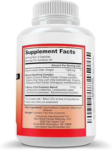 Miniatura 7 de Cápsulas de vinagre de sidra de manzana, pastillas de vinagre de sidra de manzana 100% orgánico, 1500 mg, digestión natural, refuerzo inmunológico y