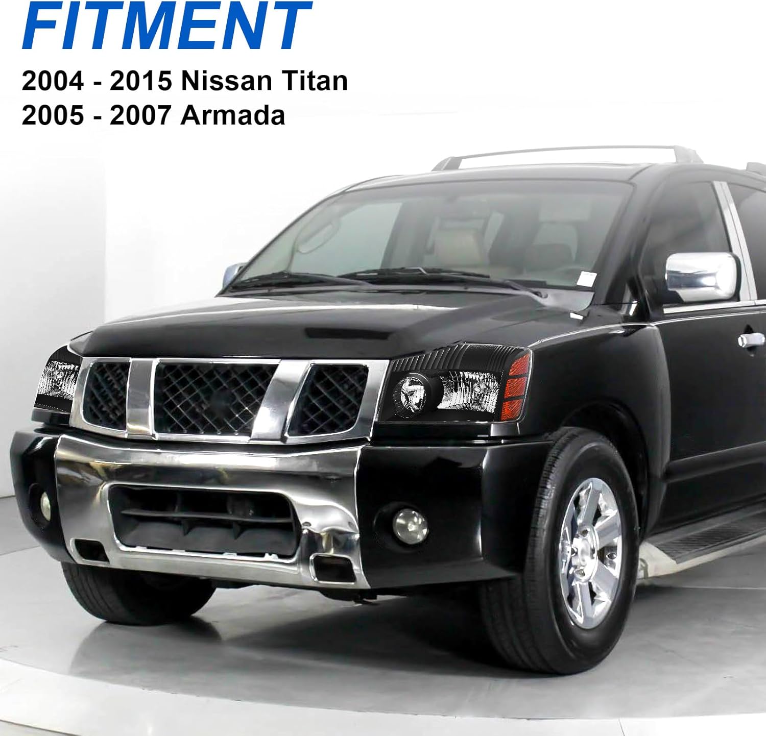 Headlight Assembly Fit for 2004-2015 Nissan Titan / 2005-2007 Armada Driver Side and Passenger Side (Black Housing Amber Reflector)