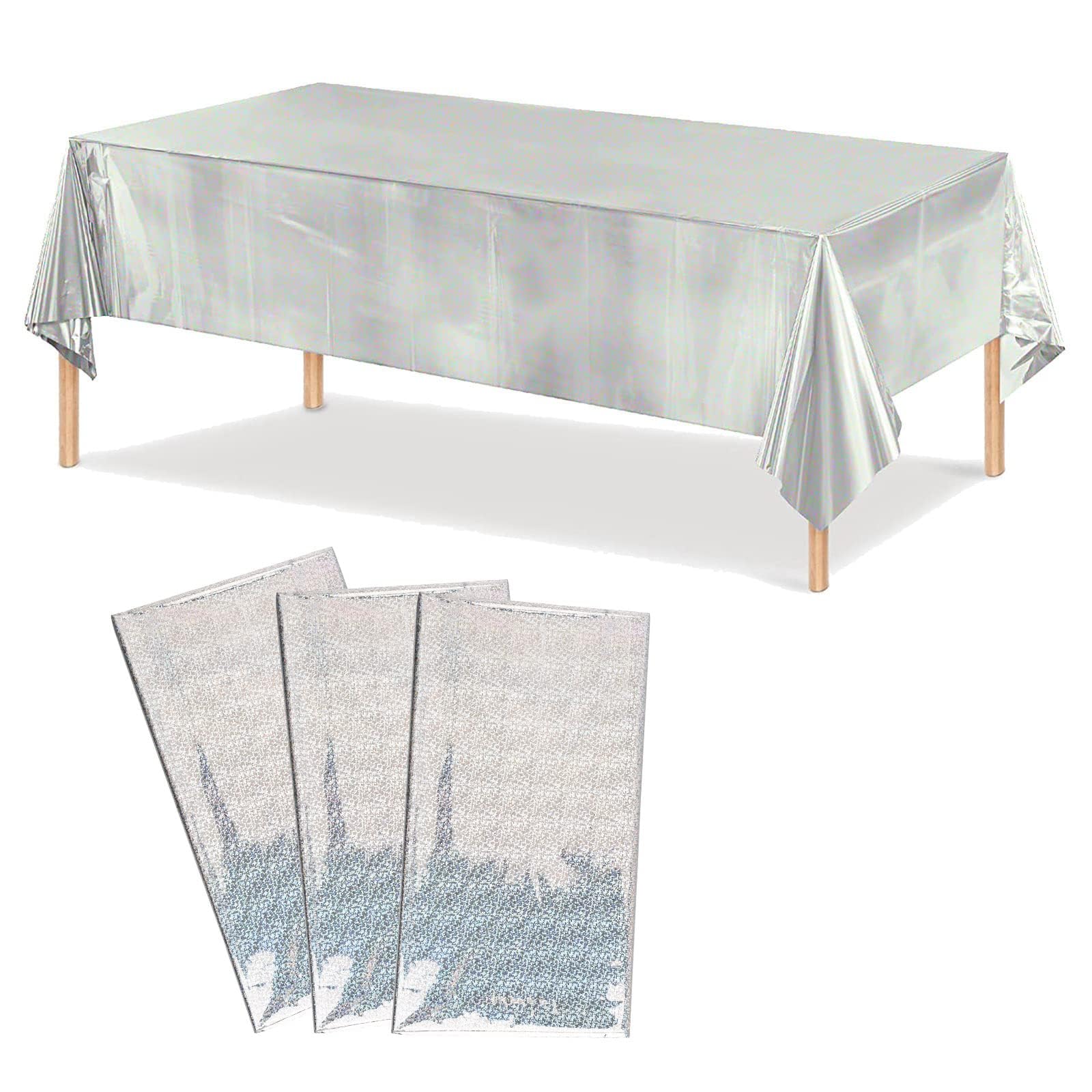 MAKINGTEC Iridescence Plastic Tablecloths, 3 Pack Shiny Disposable Rectangle Table Covers, Iridescent Table Cloth for Wedding Party Birthday Christmas Baby Shower Decoration, 54" x 108" (silver)