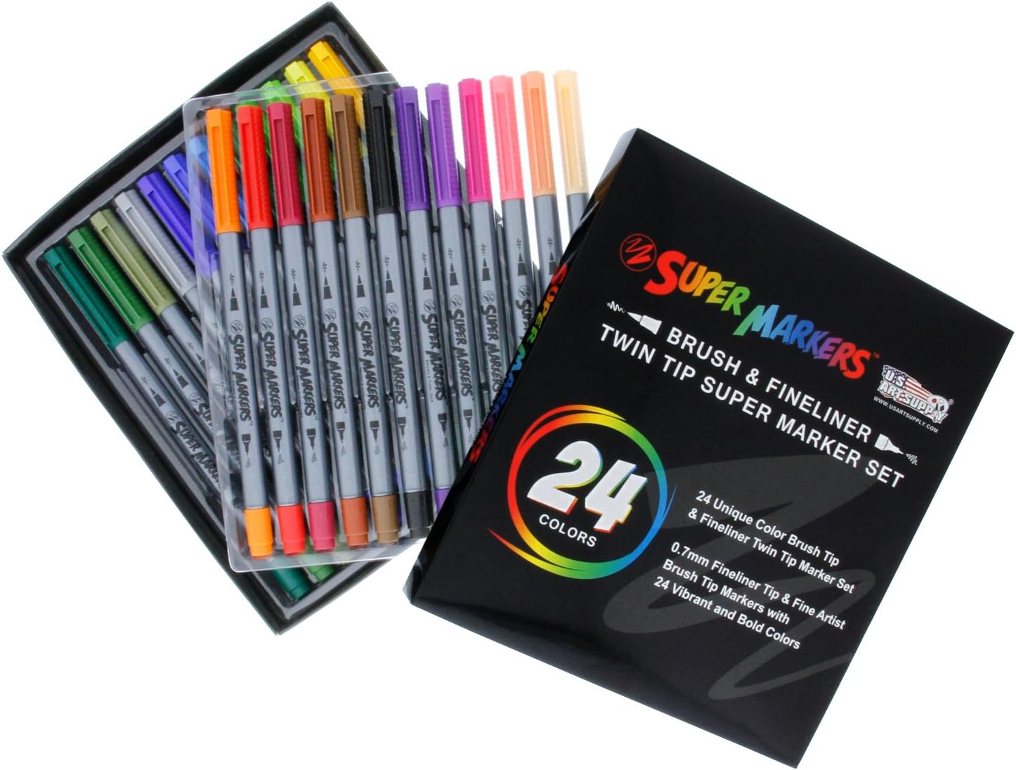 Super Markers 24 Color Brush Tip & Fineliner Twin Tip Marker Set 0.7mm
