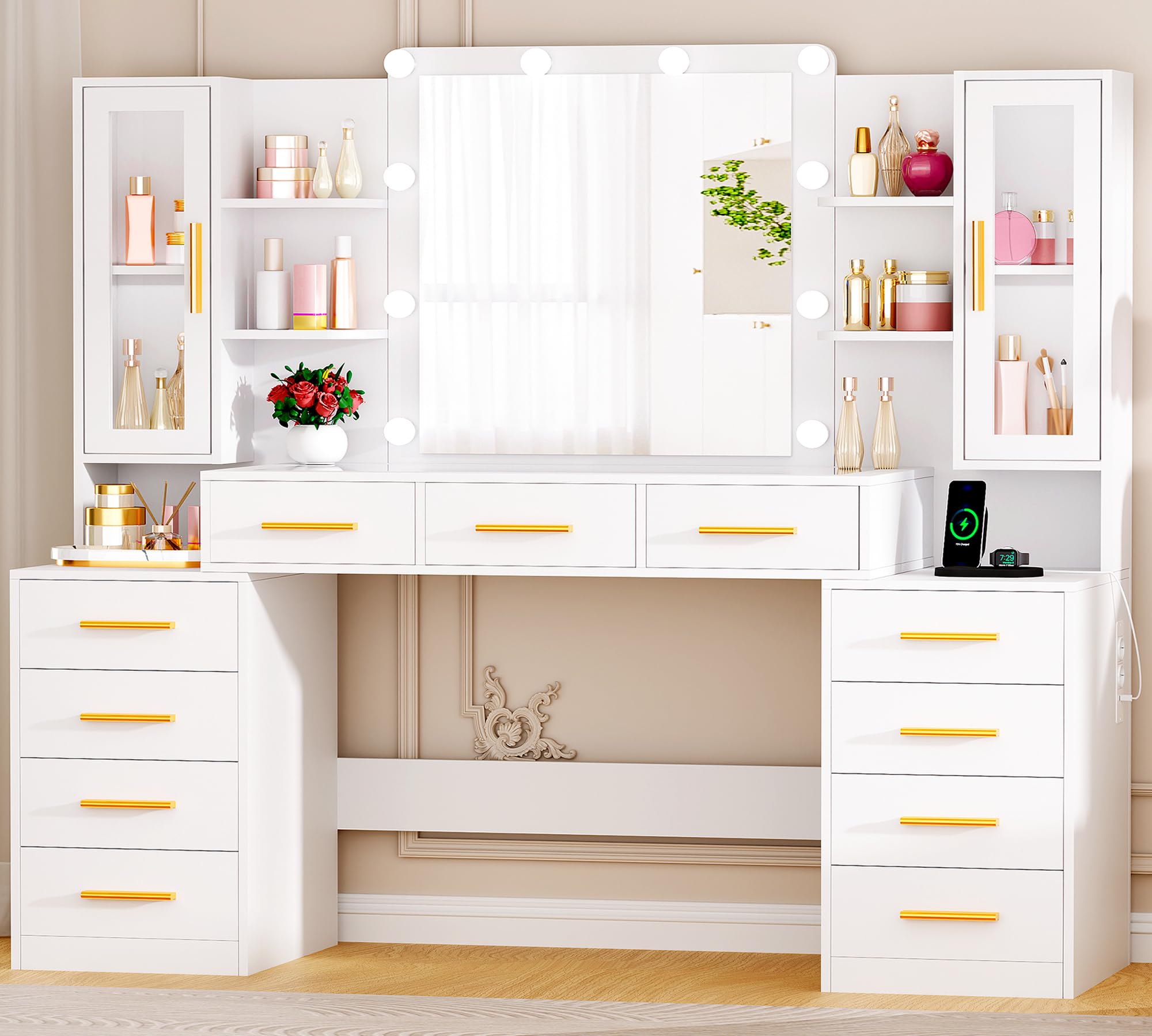 ANWBROAD 160cm Coiffeuse avec Miroir et Éclairage LED Grande Coiffeuse avec Plateau en Verre 11 Tiroirs, Prise de Courant, 6 Étagères, 2 Placards avec Portes, Table de Maquillage Moderne Blanc BDT27W