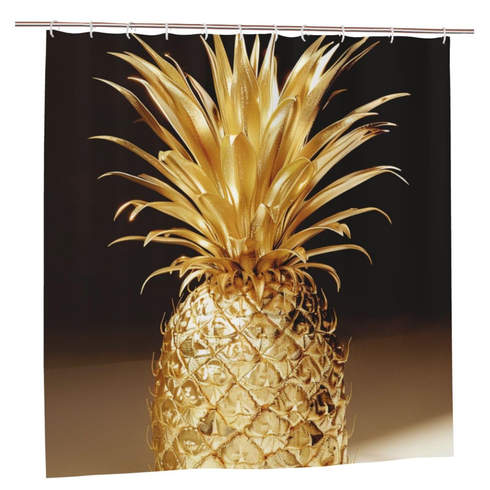 BWWHCCTI Gold Pineapple Printed Shower Curtain With 12 Plastic Hooks Opaque Quick Drying Waterproof Shower Curtains Sets For Bathroom 183x183 CM