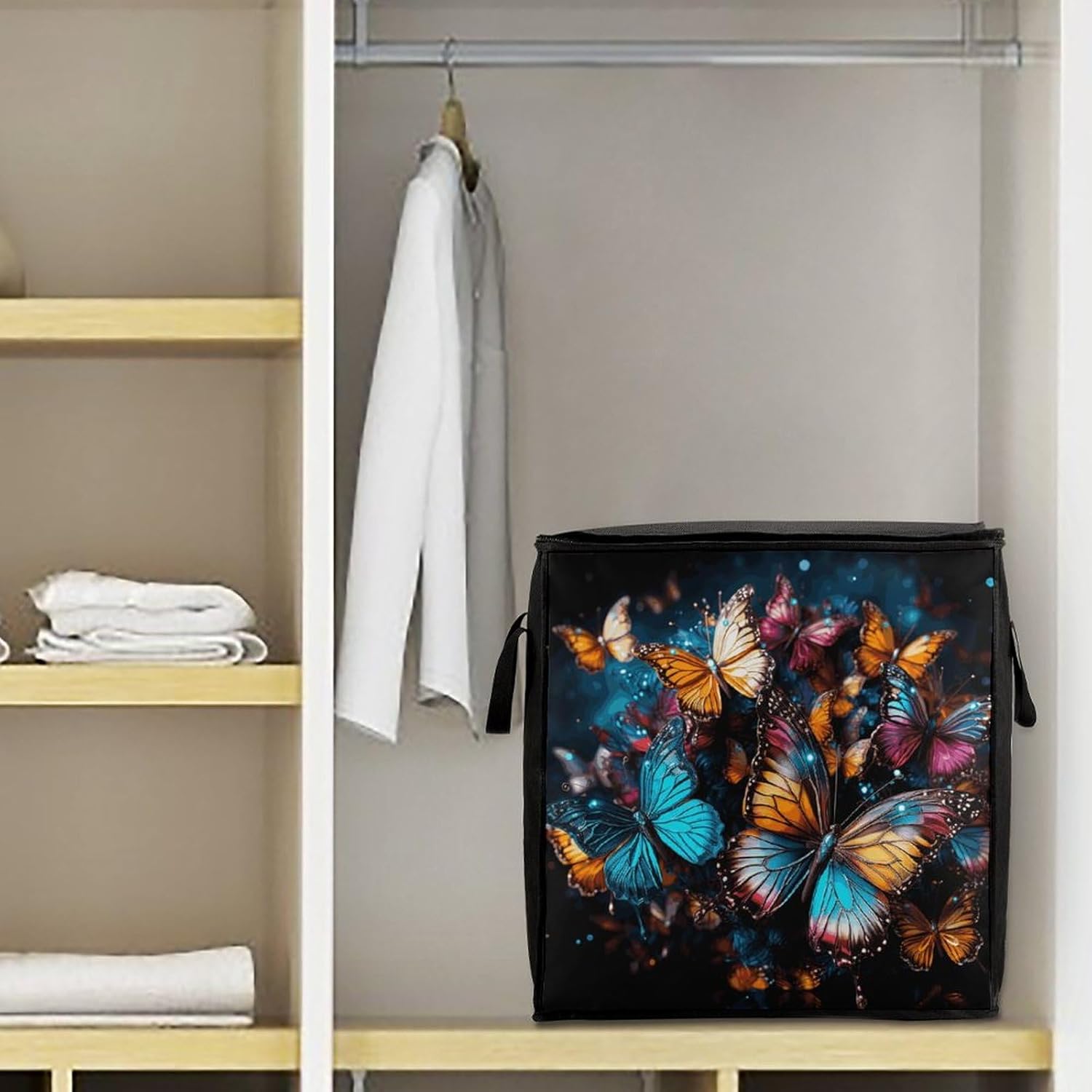 Portable Quilt Storage Bag,Colorful Butterflies Flying Around on Black Background Printed Foldable Wardrobe Storage Box Foldable Storage Bag with Lids And Handle Large Clothing Storage Bag for Comfort