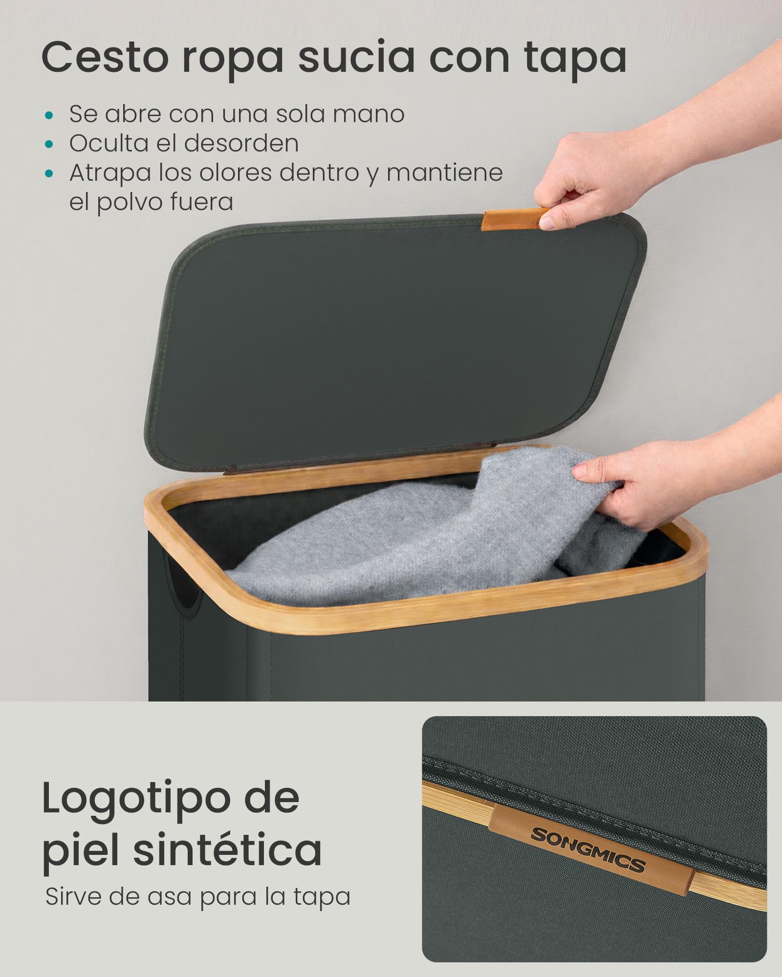 SONGMICS Cesto de Ropa con Tapa, Recogedor de Colada, Ahorra Espacio, Tejido de Oxford, Plegable, Marco de Bambú, Lavadero, Dormitorio y Salón, 40 L, 42 x 32 x 30 cm, Gris Pizarra LCB516GN01